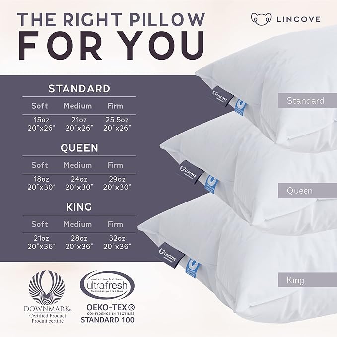 Lincove Signature 100% Natural Canadian White Down Luxury Sleeping Pillow - 800 Fill Power, 500 Thread Count Cotton Shell, Made in Canada, King - Medium, 2 Pack