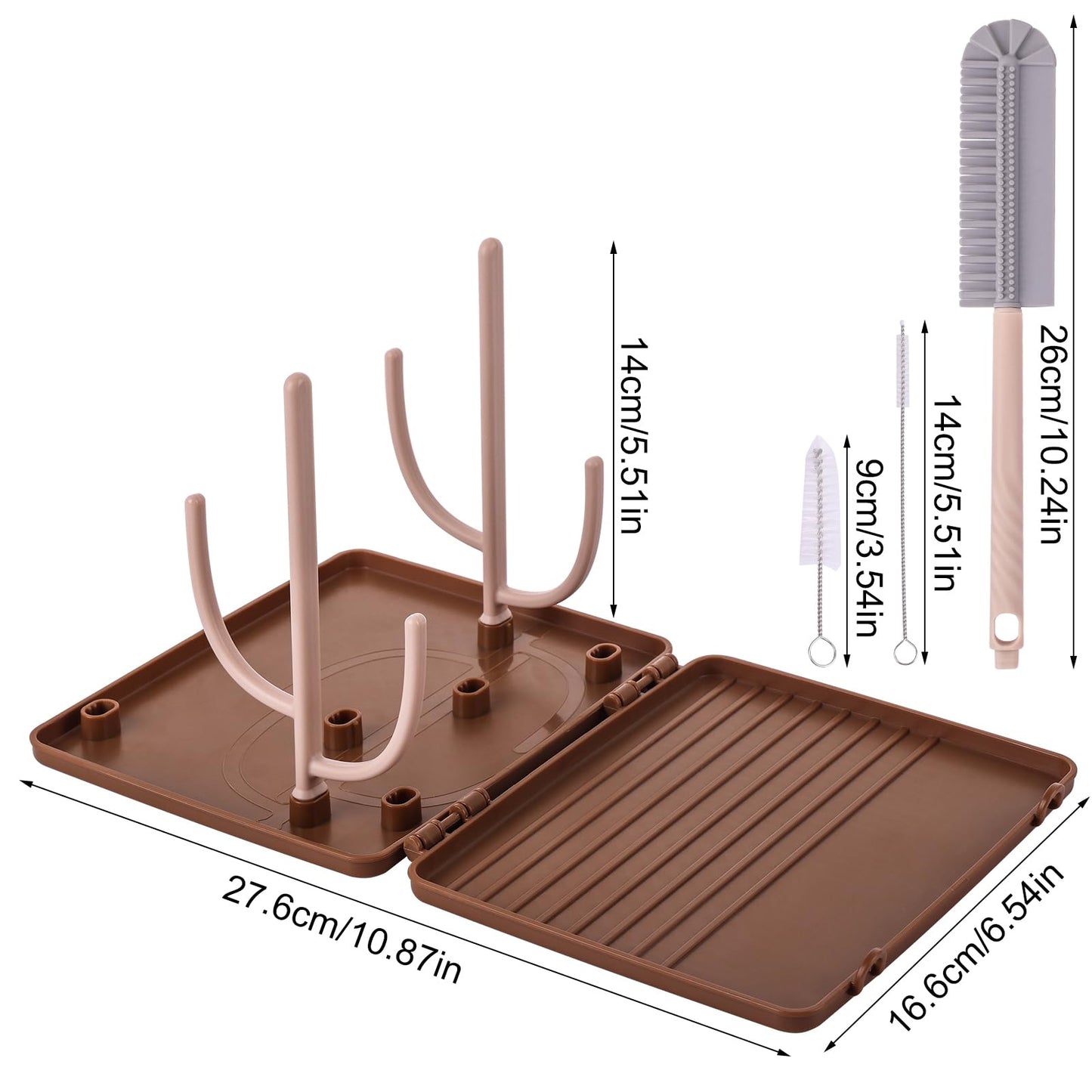 DIJIAMEIYA Baby Bottle Drying Rack,Travel Baby Bottle Drying Rack Set, Cleaner Kit with Silicone Bottle Brush,Straw Brush, Suitable for Home use or Traveling with Babies (Coffee Color)