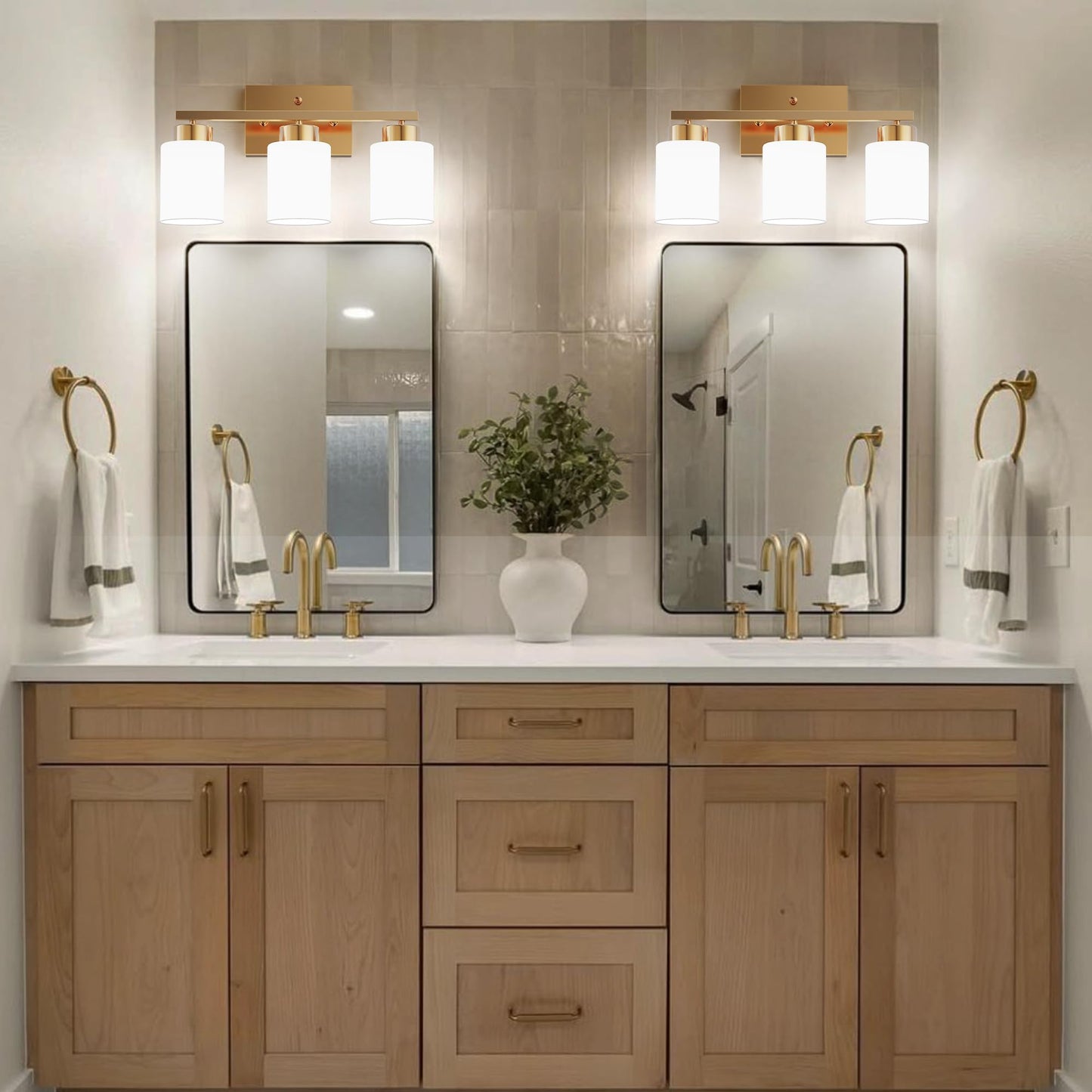 Partphoner 3-Light Brushed Gold Bathroom Light Fixtures Modern Vanity Light Over Mirror Lighting Wall Sconce With Frosted Milky White Glass Shades For Bedroom Living Room Kitchen Hallway