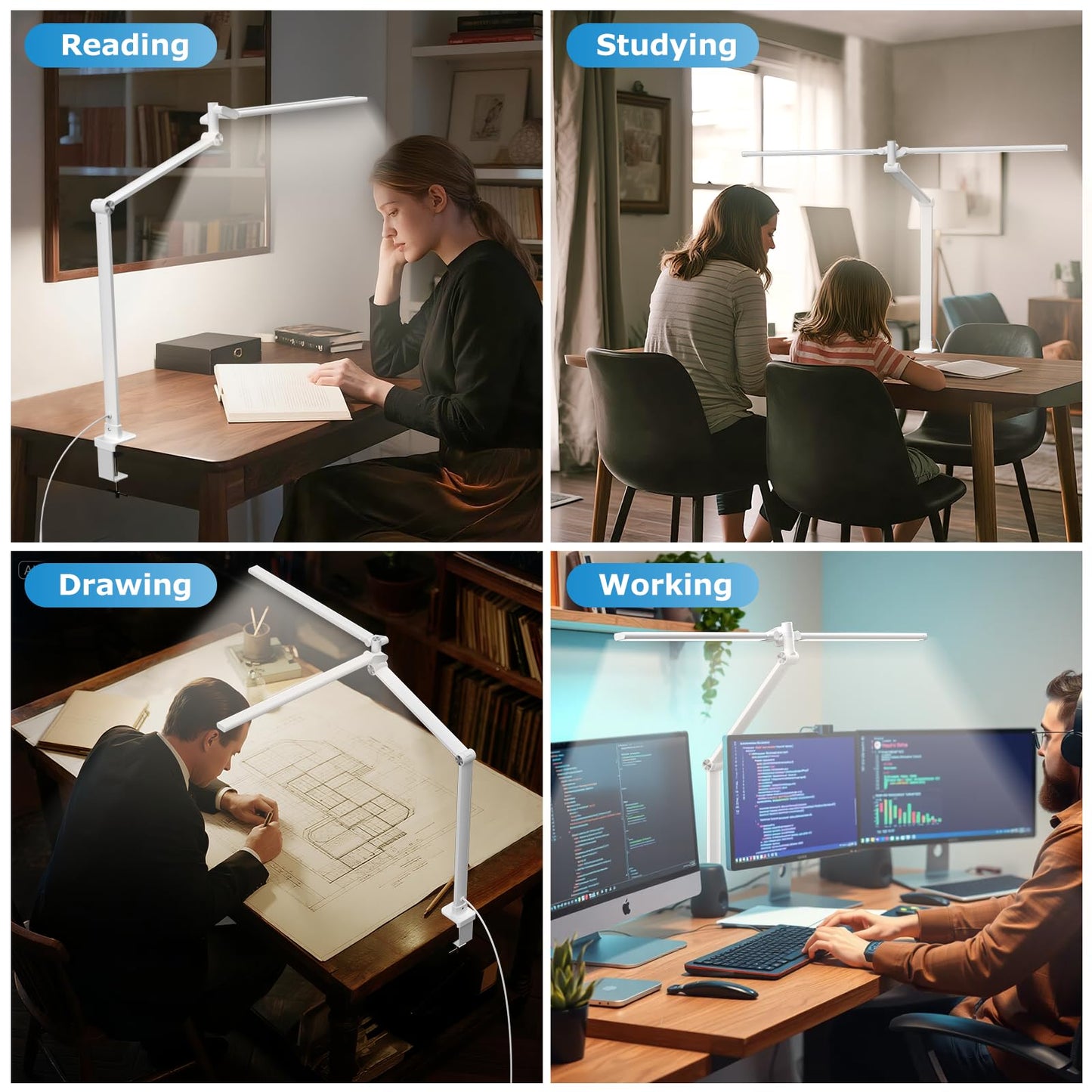 Airlonv Led Desk Lamp Double Swing Arm Wide Lighting Area Desk Lamps For Home Office With Stepless Dimming Eye-Caring Architect Desk Light With Clamp For Reading Study Workbench Drafting(White)