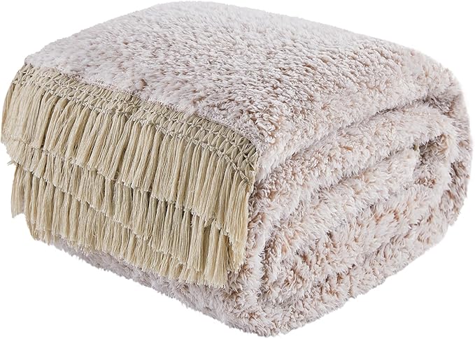 EMME Fuzzy Blanket Soft Fleece Throw Blankets for Women, Fluffy Sherpa Throws((Tassel Khaki,60"x80")