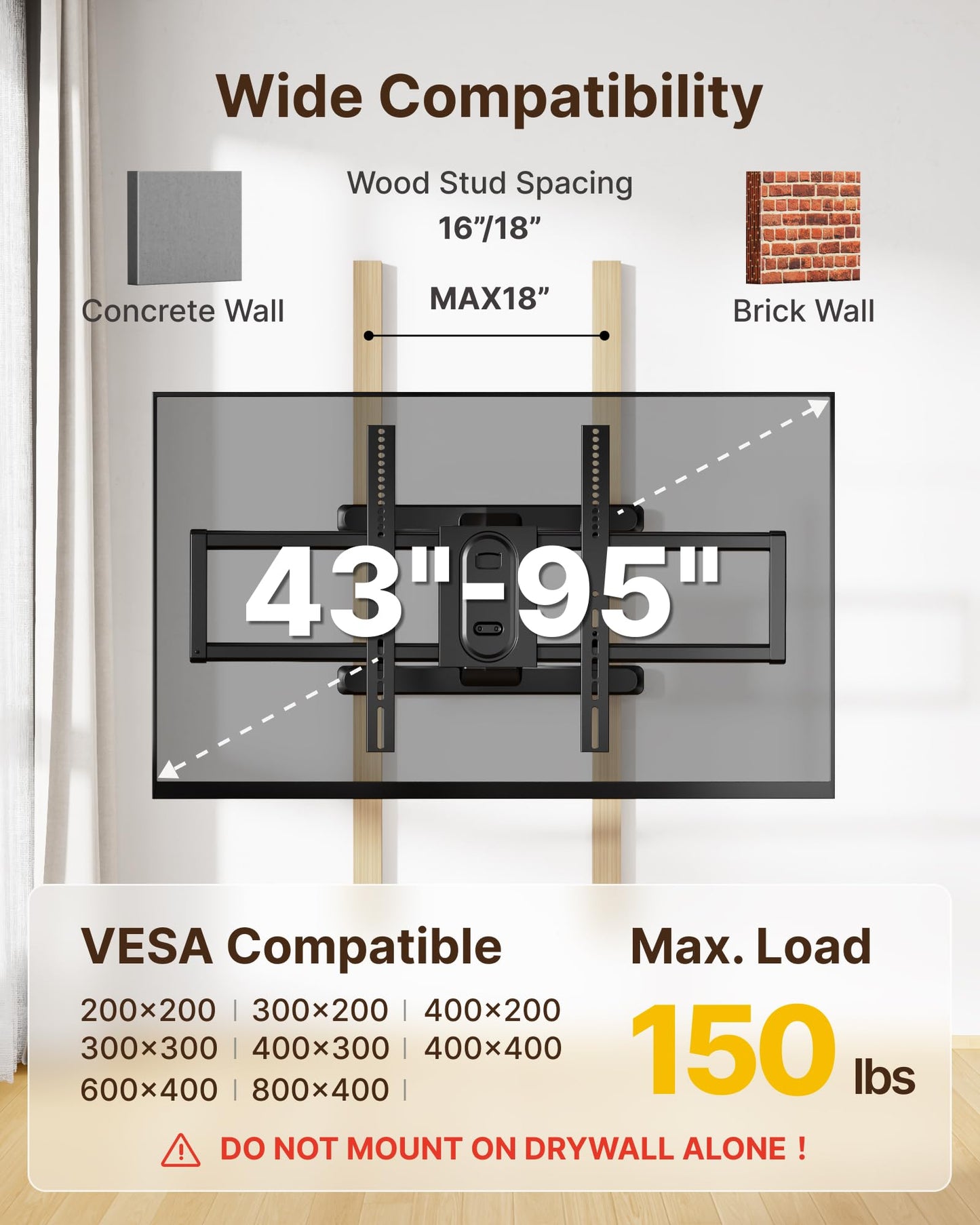 monTEK Full Motion TV Wall Mount for 43"–95" TVs, Pre-Assembled & up to150lbs, Heavy Duty TV Mount Bracket with Tool-Free Tilt/Swivel/Extension, Max VESA 800x400, Fits 16"/18" Studs