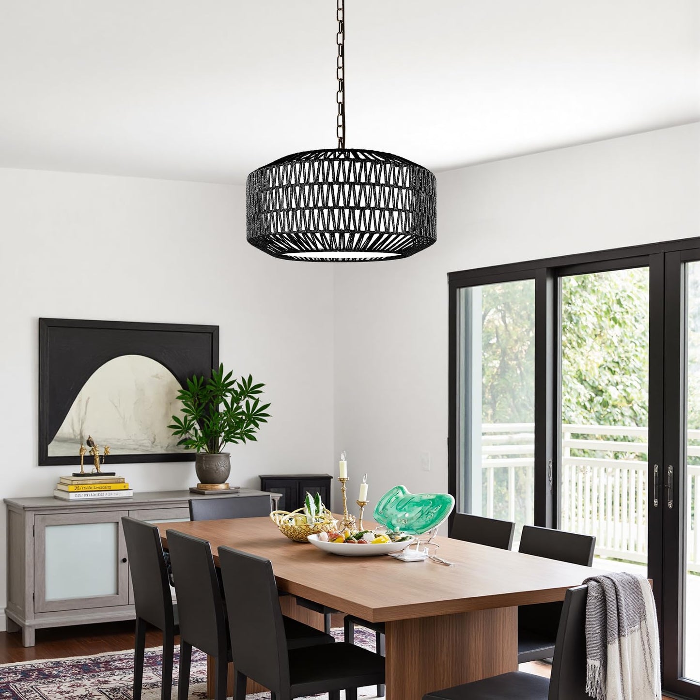 Lynnoland Farmhouse Black Chandelier Light Fixture 5-Light Rustic Boho Chandeliers With Rattan & Linen Shade Black Hanging Lighting For Dining Room Kitchen Island Bedroom (Bulbs Not Included)