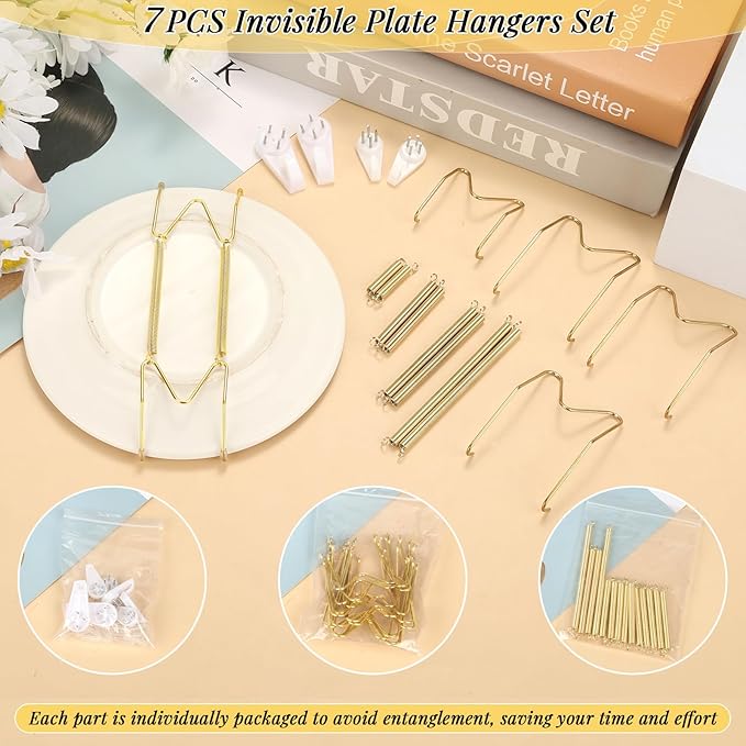 7 Pieces Plate Hangers for Wall - 6/8/10/12 Inch Invisible Plates Hanger, Stainless Steel Plate Holders with 7 Pieces Wall Hooks for 5.5 to 12.5 Inch Decorative Plates and Arts (Gold)