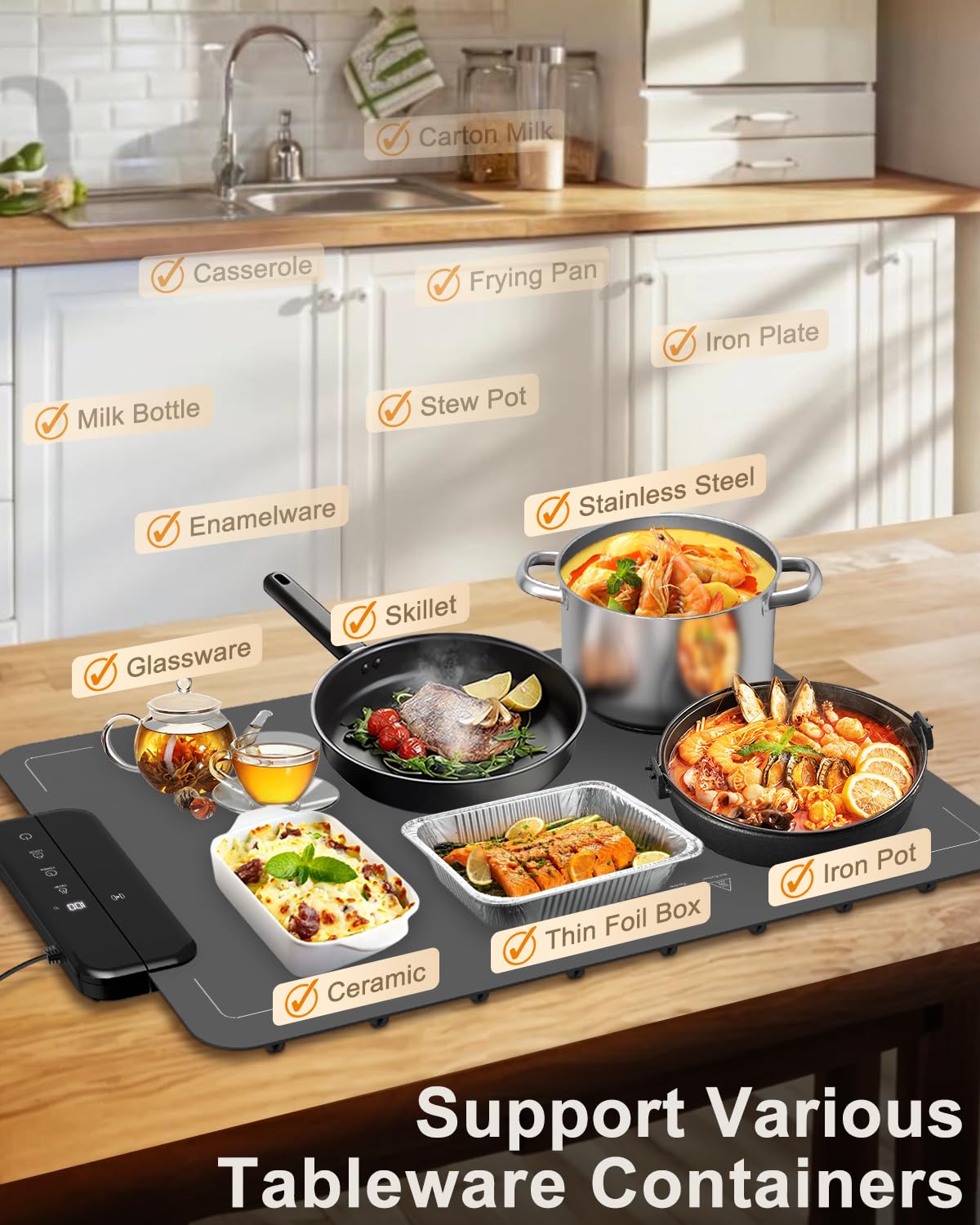 Electric Warming Mat for Food, ZAPLIT 24''x16 Washable Silicone Warming Tray with 6 Temp Settings, 6 Timers, Child Lock, and Auto Standby — Food Warmer for Buffet, Gathering, and Party (Grey/ 2 Pack)