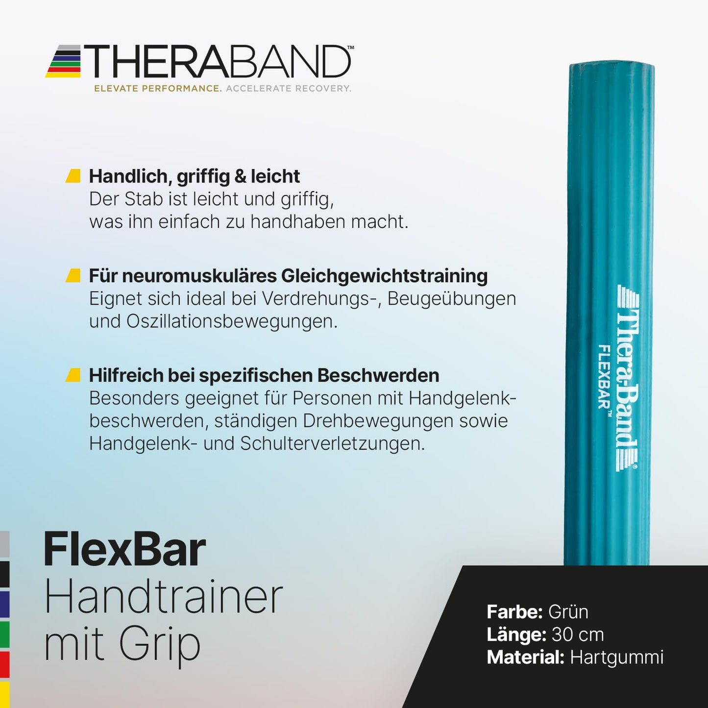 THERABAND FlexBar, Tennis Elbow Therapy Bar, Relieve Tendonitis Pain & Improve Grip Strength, Resistance Bar for Golfers Elbow & Tendinitis, Green, Medium, Intermediate