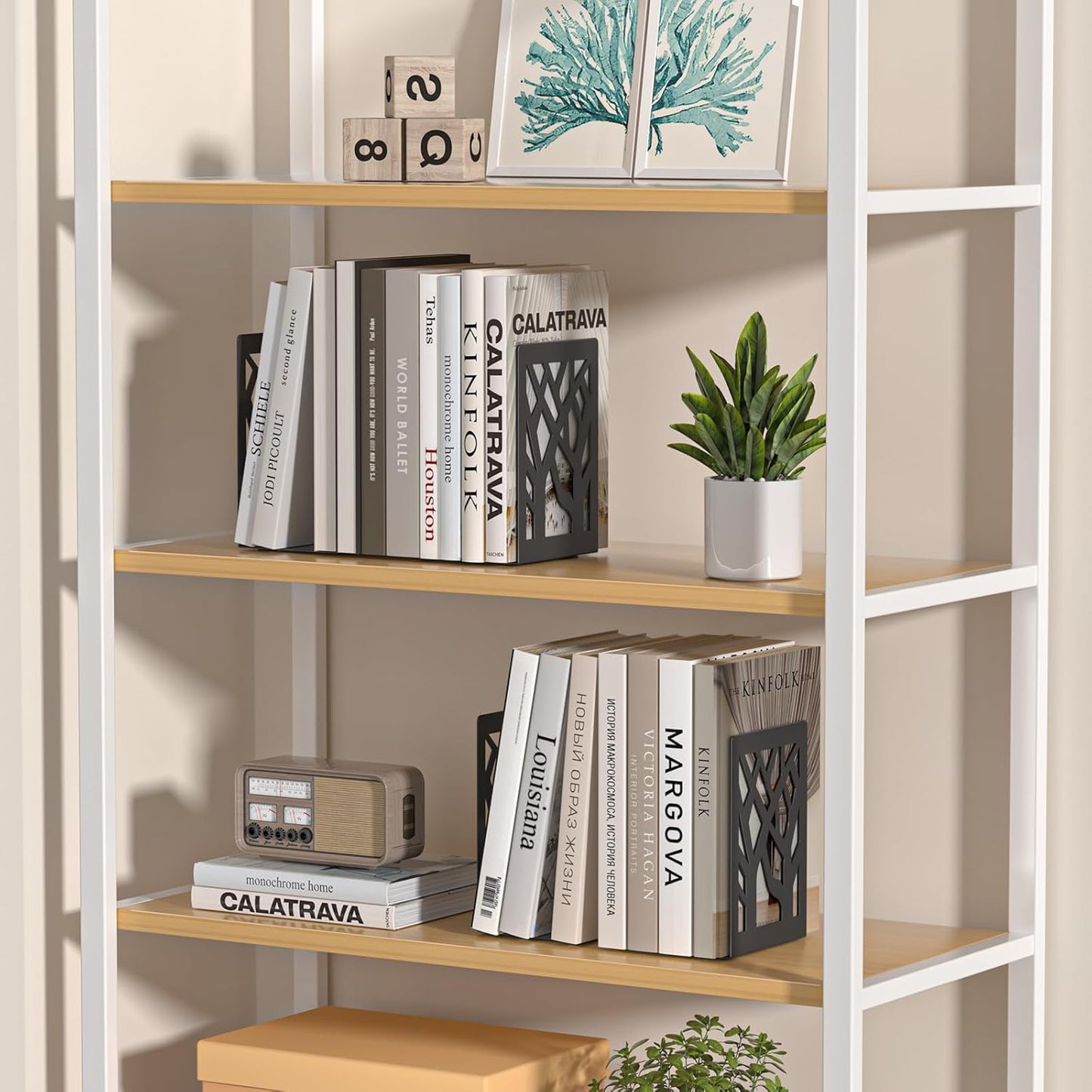 VFINE 2-Piece Modern Metal Bookends for Shelves, Black Tree Book Ends for Books, Decorative Book Organizer for Desk, Non-Skid Shelve Bookends for Home Office