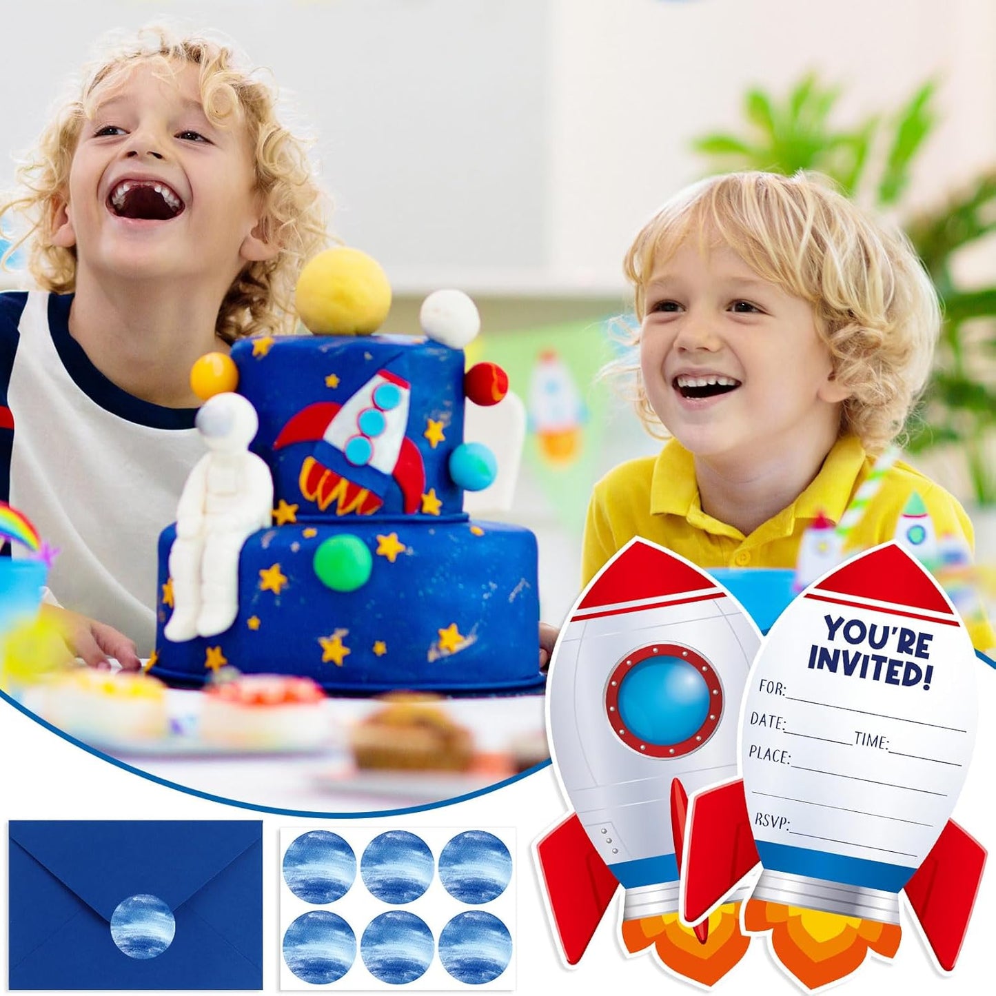 30 Sets Rocket Space Christmas Birthday Invitations with Envelopes Stickers Galactic Planet Themed Invitations for Boy Kids Birthday Party Supplies Decoration