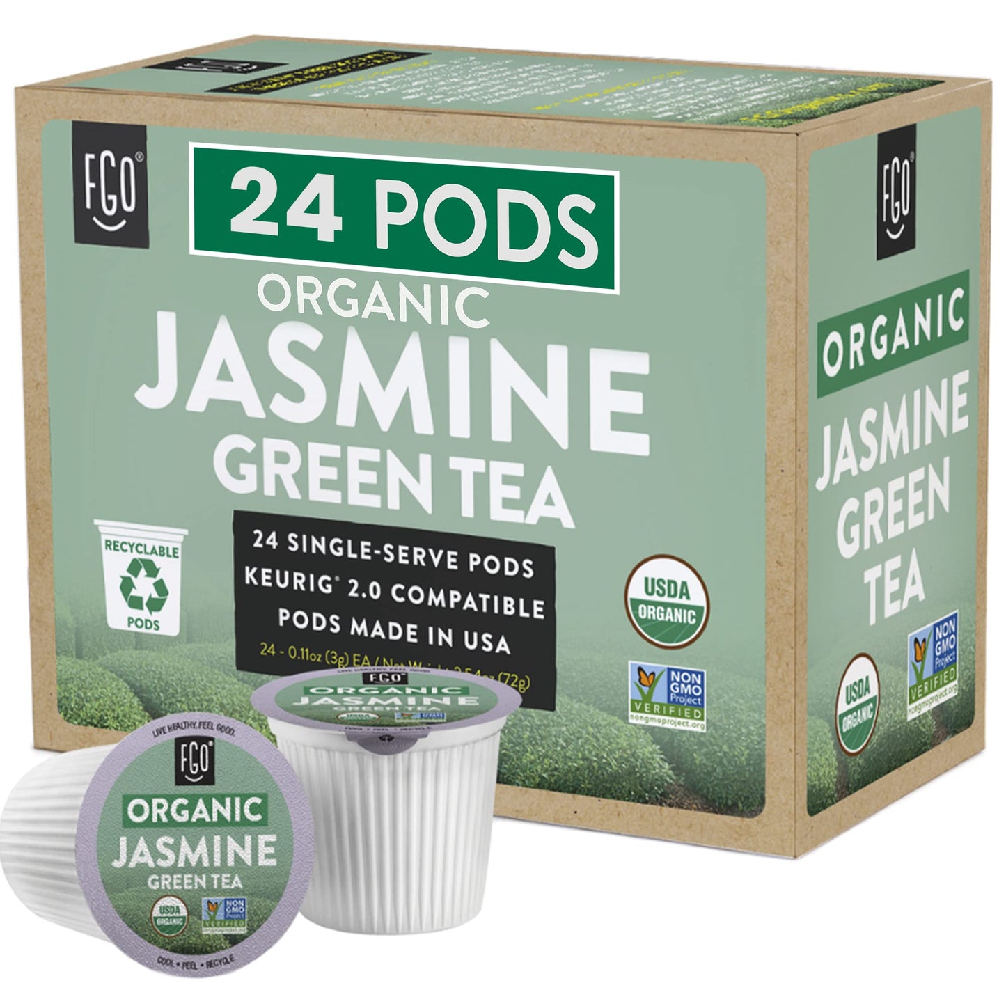 Organic Jasmine Tea K-Cup Pods 24 Pods by FGO - Keurig Compatible - Naturally Occurring Caffeine enhanced Jasmine Green Tea is USDA Organic Non-GMO & Recyclable