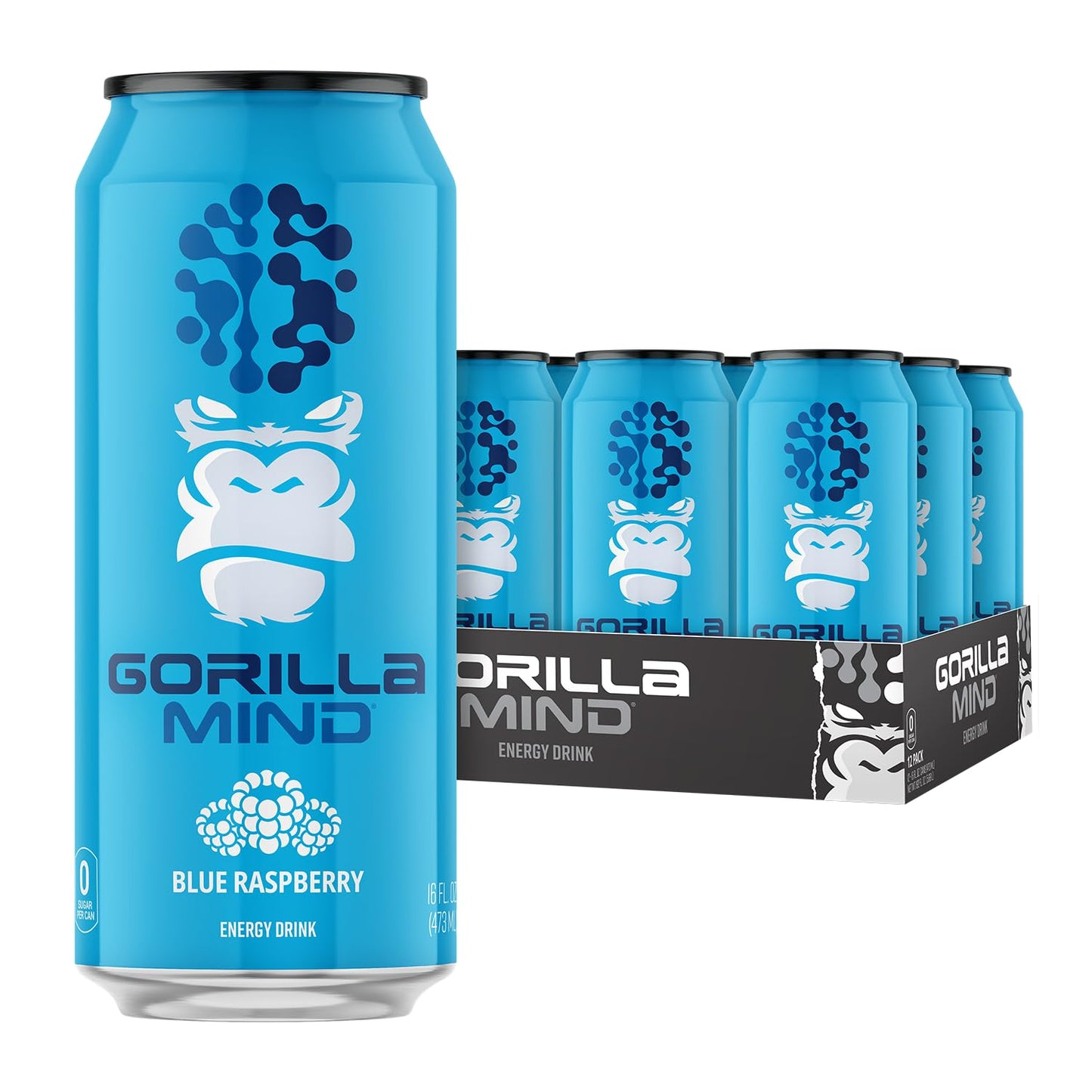 Gorilla Mind Energy Drink | Unmatched Energy Amplified Focus | N-Acetyl-L-Tyrosine Alpha-GPC 200mg Caffeine Uridine Saffron | 0 Sugar Or Artificial Colors | 16oz 12-Pack (Blue Raspberry)
