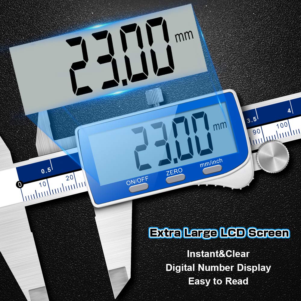 Qfun Digital Caliper, 0-6inch Caliper Measuring Tool Extreme Accuracy IP54 Waterproof Electronic Vernier Caliper Stainless Steel Digital Micrometer with Extra Large LCD Screen