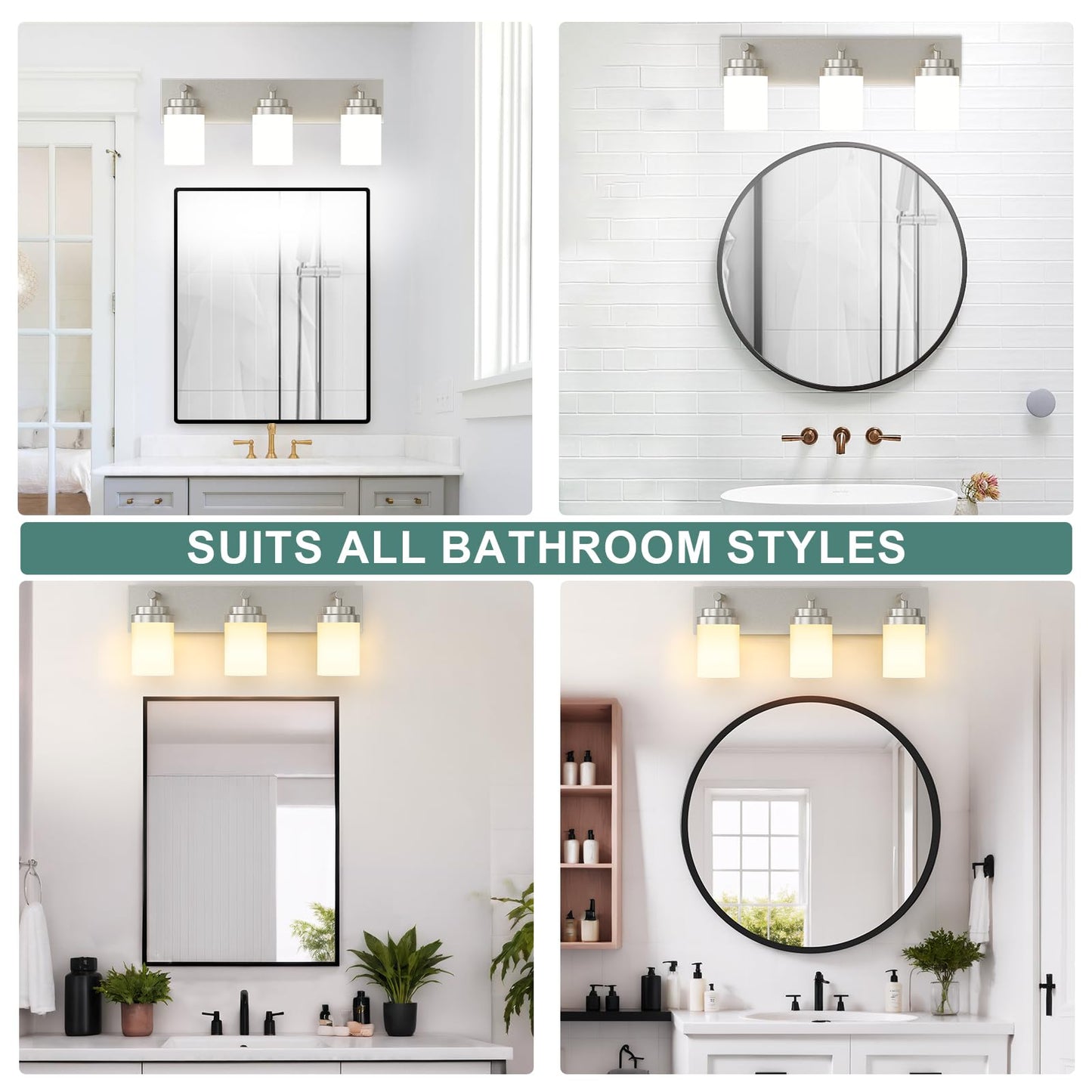 Izorro Bathroom Vanity Light Fixture 3-Light 22 Inch Brushed Nickel Bathroom Light Fixtures Over Mirror With White Glass Shade Modern Farmhouse Vanity Lights Rustic Restroom Lighting Fixtures