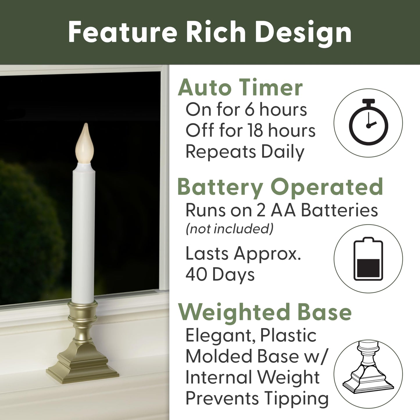 612 Vermont LED Battery Operated Window Candles with Timer, Bright Hot Spot, VT-1506P-4 (Pack of 4, Pewter)