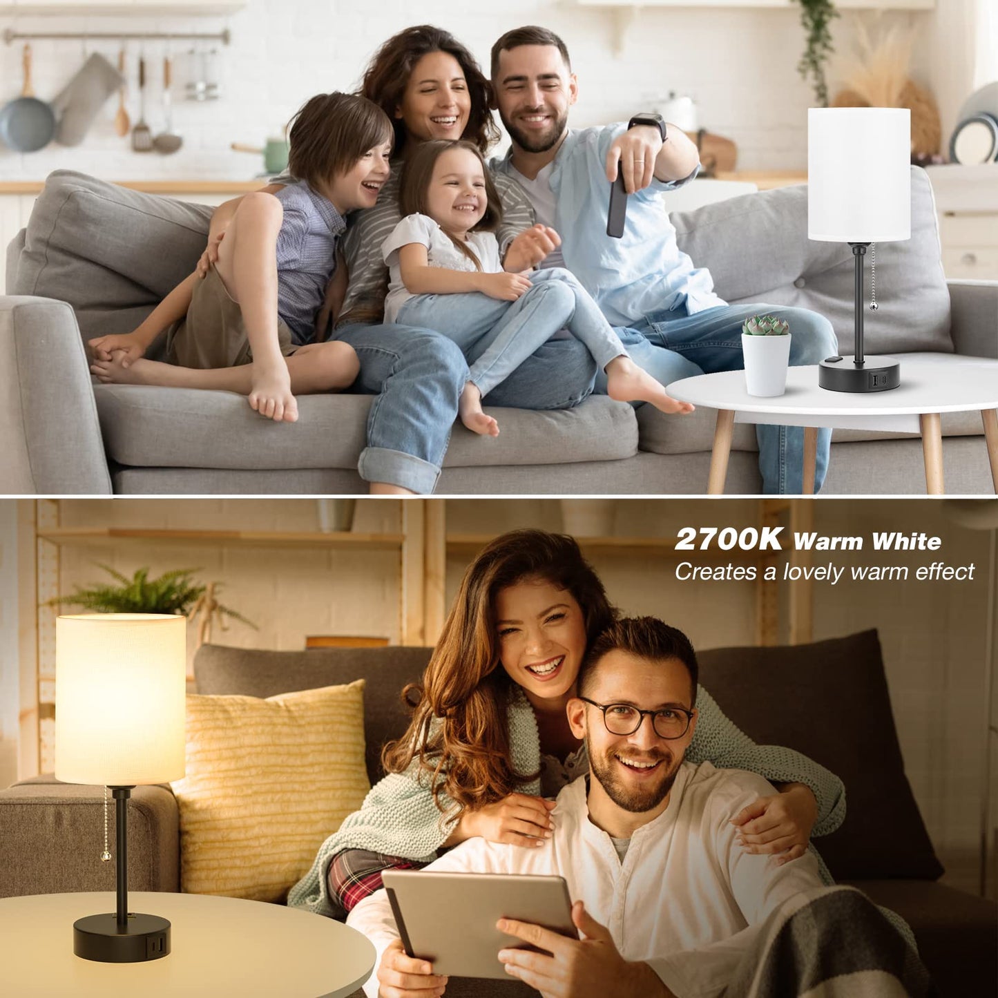 Dicoool Small Bedroom Lamps with USB Ports, 3 Color Temperatures 2700K/3500K/5000K, White, Model 15-1, Black Metal Base