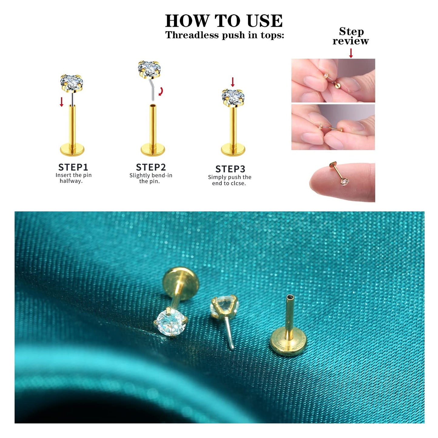COTATI 20G Flat Back Earrings Stud Threadless Tragus Cartilage Lip Medusa Piercing Jewelry Hypoallergenic (Gold,20G 4/4/4mm CZ)