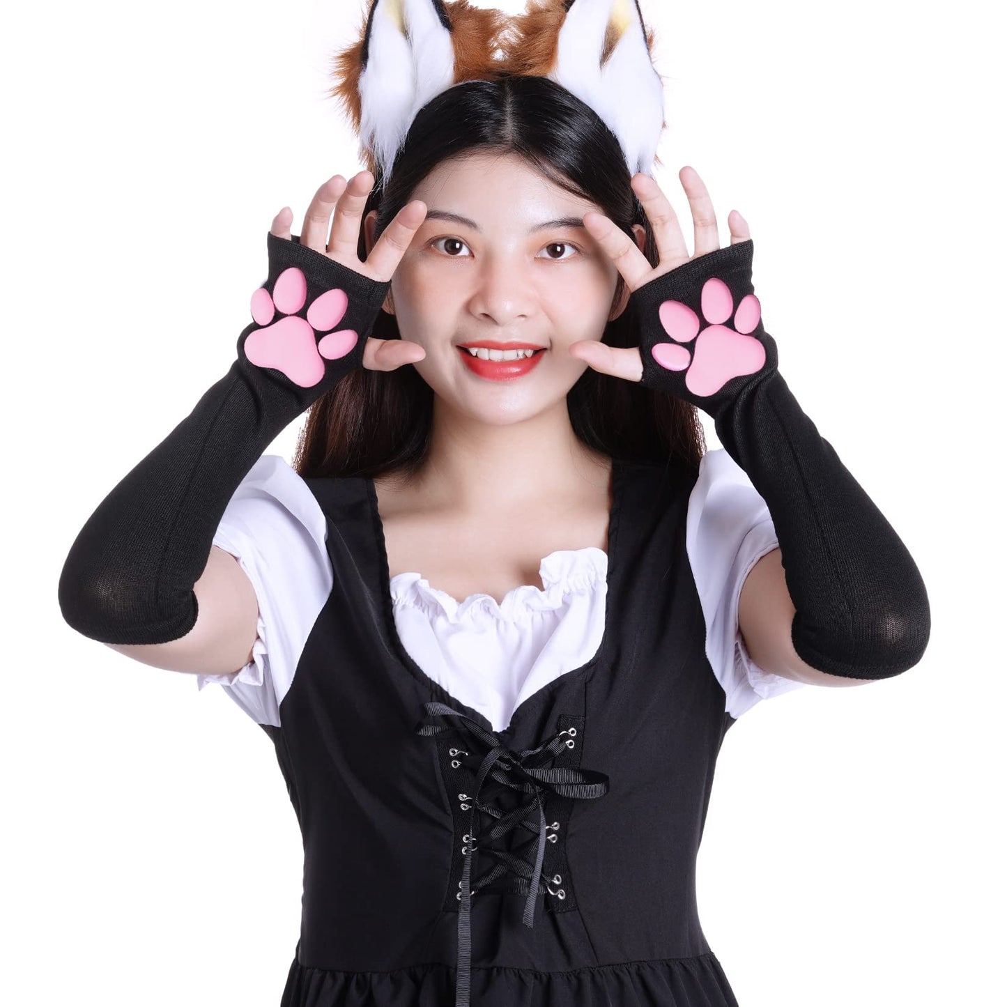 Nydotd Cat Paw Pad Mittens Gloves Kawaii Pink 3D Claw Fingerless Cute Cat Cosplay Gloves Sleeve for Girls Halloween Party (Black, Long)