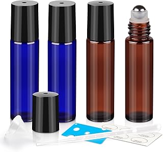 ZEJIA 10ml Roller Bottles for Essential Oils, 4 Pack Glass Roll on Bottles, Refillable Perfume Bottle, with Stainless Stee...