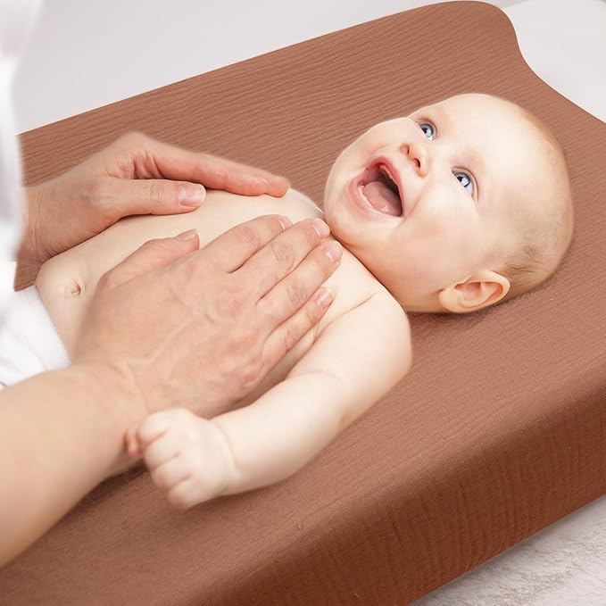 3 Pack Muslin Changing Pad Cover, Solid Changing Table Pad Cover, Soft Breathable Double Layer Boho Changing Pad Sheets Fit for Standard Changing Pad 16" x 32" (White & Sand & Brick)