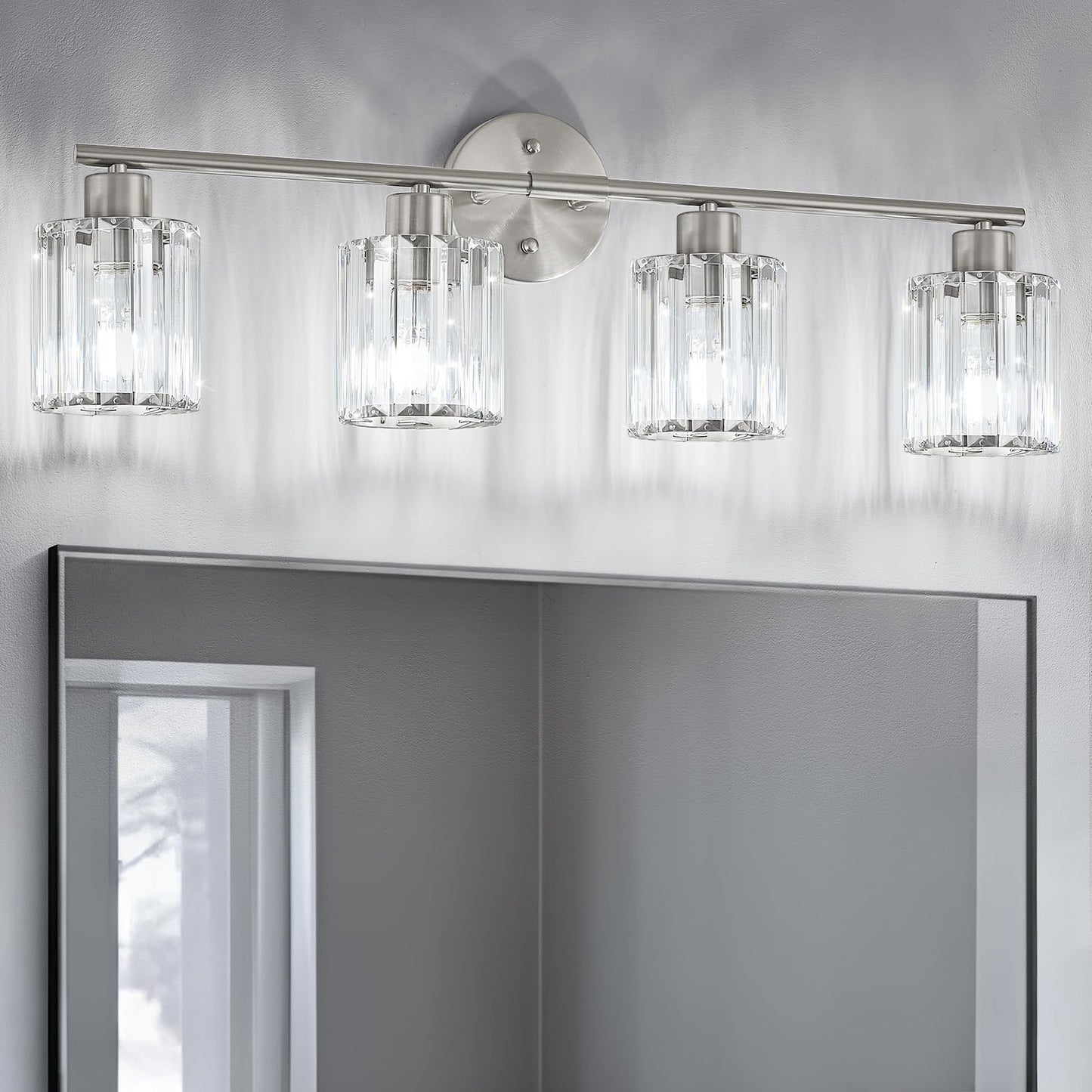 Kvhiiw Crystal Bathroom Light Fixtures,Bathroom Lighting Fixtures Over Mirror, Modern 4-Light Brushed Nickel Vanity Lights for M