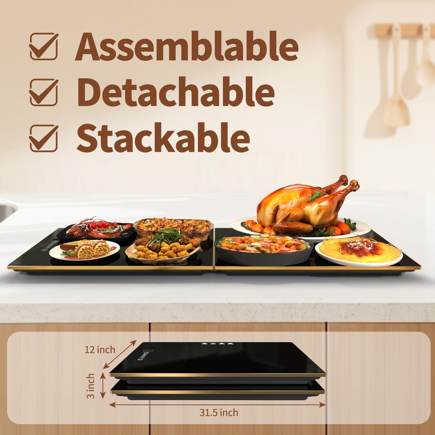 CedarAce Food Warmers for Parties Buffet, (31.5"x12") Assemblable Stackable Electric Warming Tray with 8-Level Temperature Adjustment and 8-Hour Timer, Upgraded Desktop-Protecting Food Warming Mat
