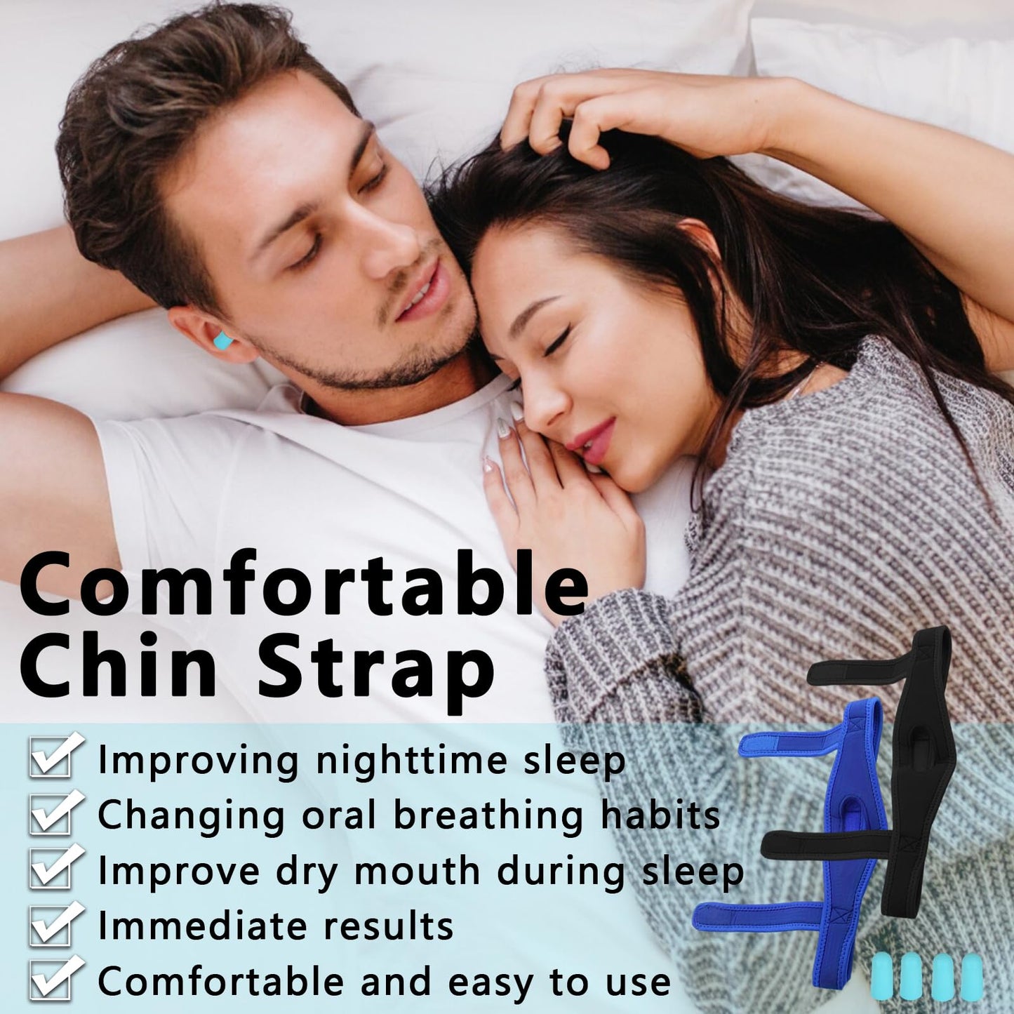 2 Pcs Chin Strap for Sleeping,Adjustable Anti Snoring Chin Strap to Keep Mouth Closed,Jaw Strap for Sleep for Men Women,with Two Pairs of Earplugs,Stops Snoring & Dry Mouth