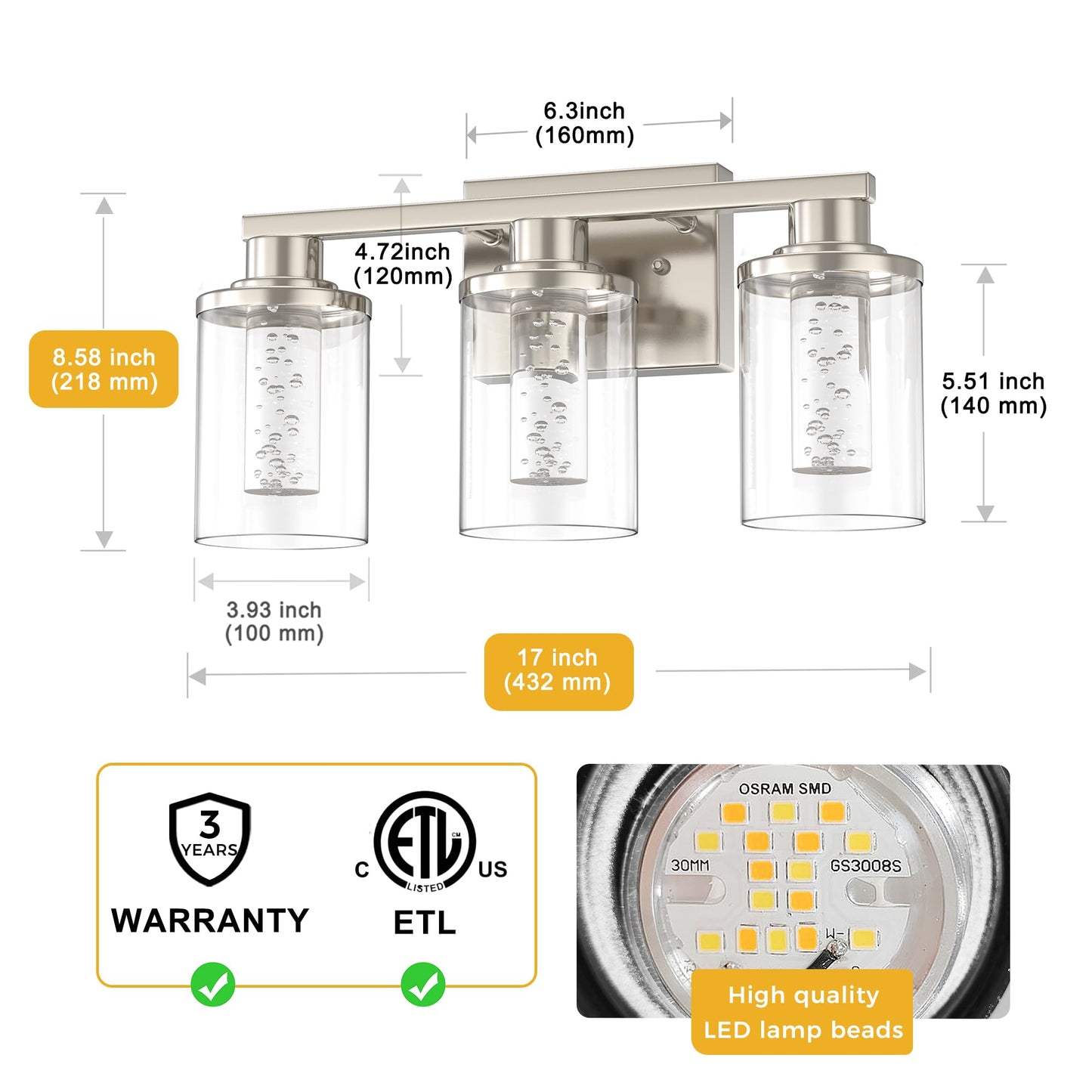 L LOHAS LED 3-Light Bathroom Light Fixtures, Dimmable Crystal Vanity Lights with Clear Glass Shade, Nickel Finish