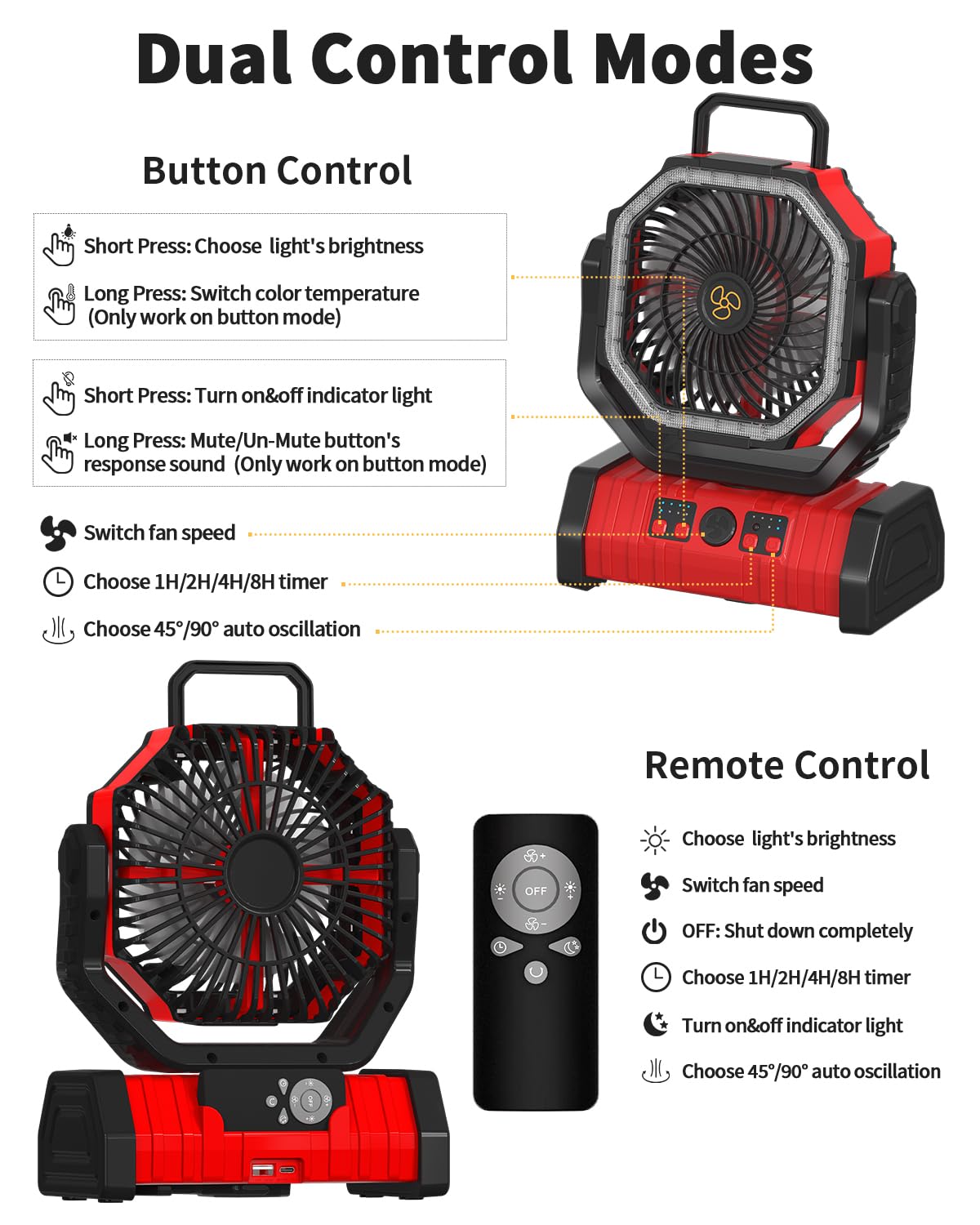 Adust Camping Portable Battery Operated Powered Fan With Led Lantern Light 20000Mah Rechargeable, Oscillating Fan With 360 Rotat