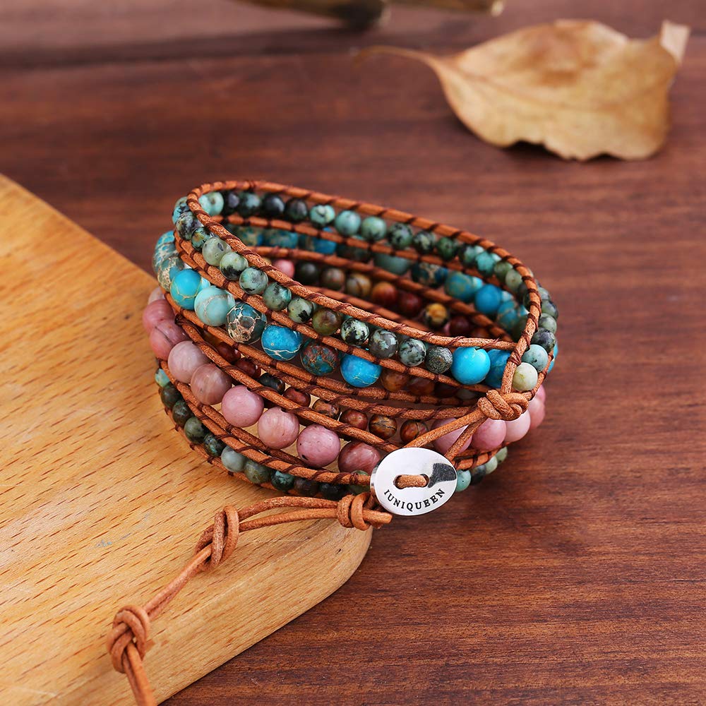 Women Boho 5 Wraps Bracelet Natural Rhodonite Picasso Jasper Turquoise Stone Strand Bracelet Jewlery