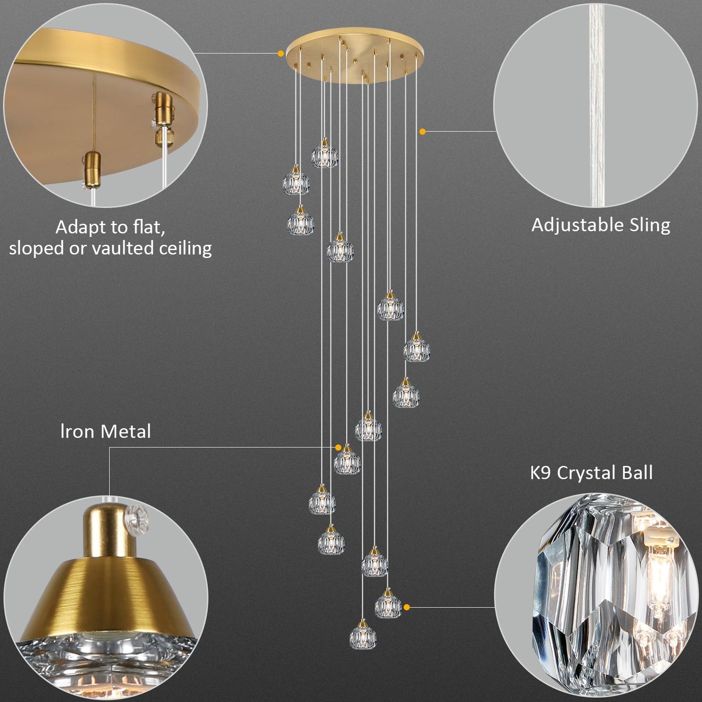 Weesalife Crystal Chandelier, 14-Light Brass Pendant Light Fixture for Living Room, Kitchen, Foyer, Model 8817-12C BR
