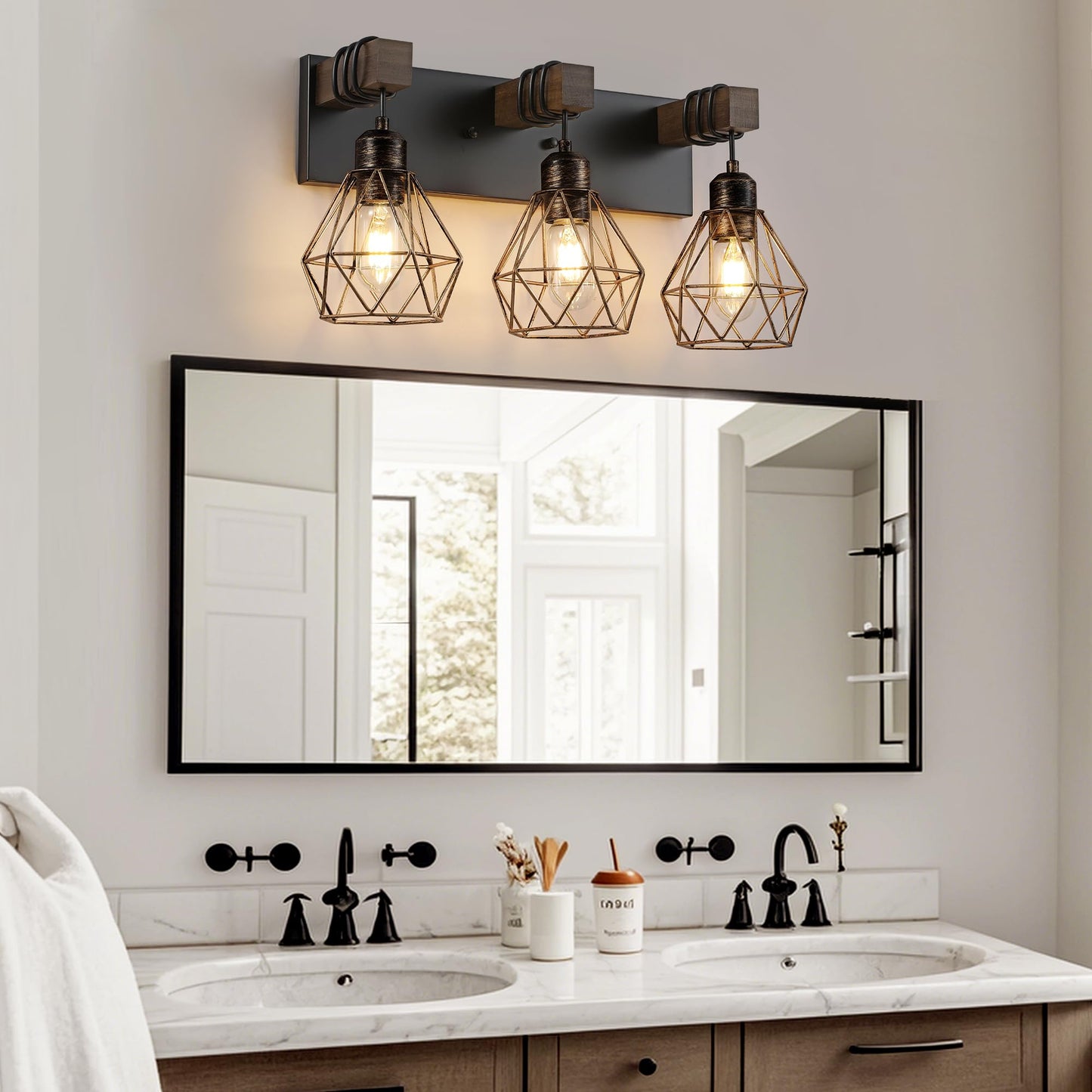 Farmhouse Bathroom Light Fixtures, 3-Light Bathroom Lighting Fixtures Over Mirror, Rustic Wood Black Gold Vanity Lights Wall Sconces with Metal Lampshade for Living Room