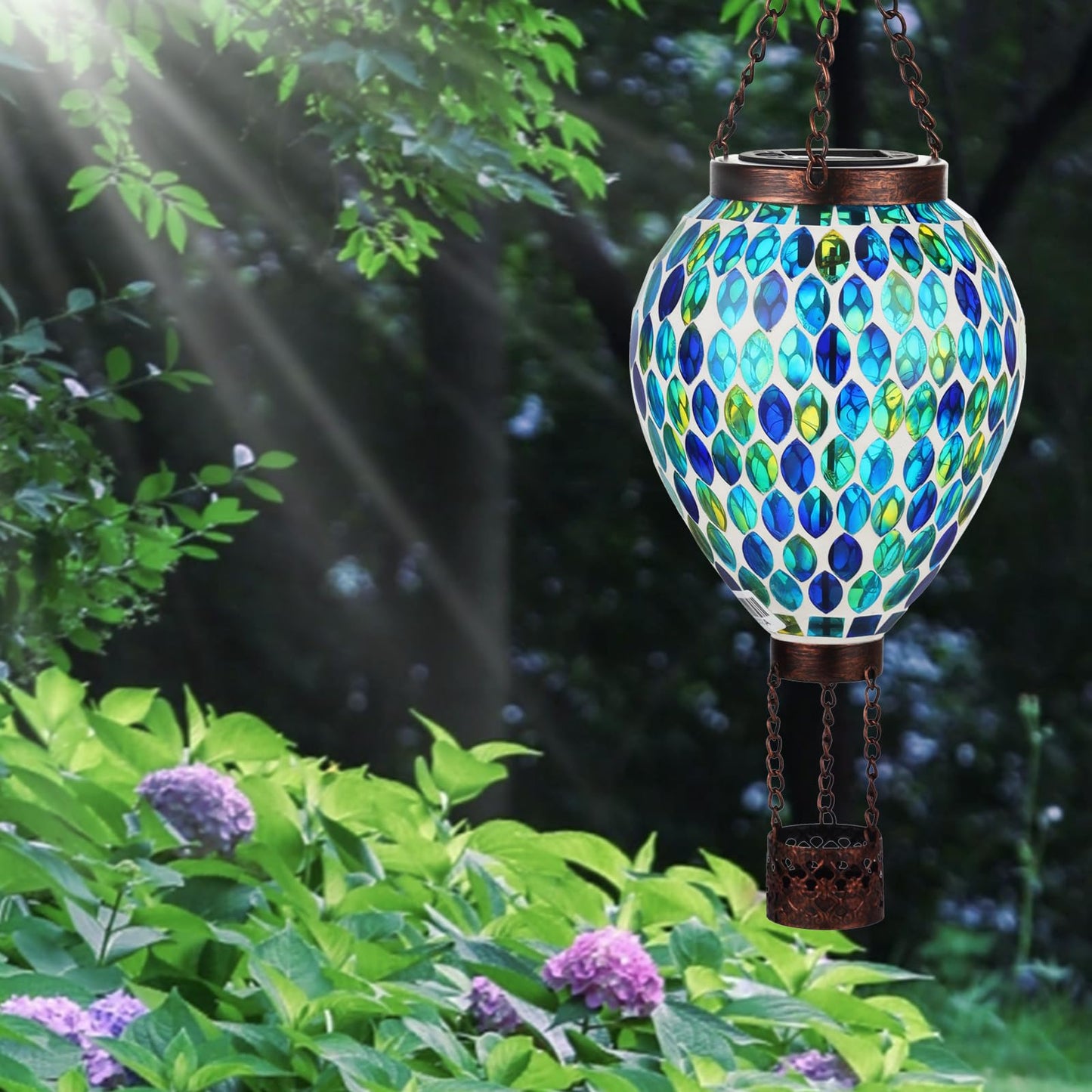 Voreen Hot Air Balloon Solar Lantern Handmade Mosaic Solar Outdoor Hanging Wind Light Waterproof Patio Festive Decor Gift For Mom Wife Friend Blue