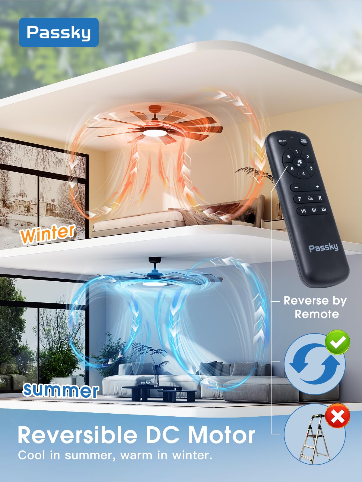 Passky Ceiling Fans With Lights, 64 Inch Black Ceiling Fan With Light And Remote Control, Reversible, Dimmable, 3Cct, Quiet, Cei