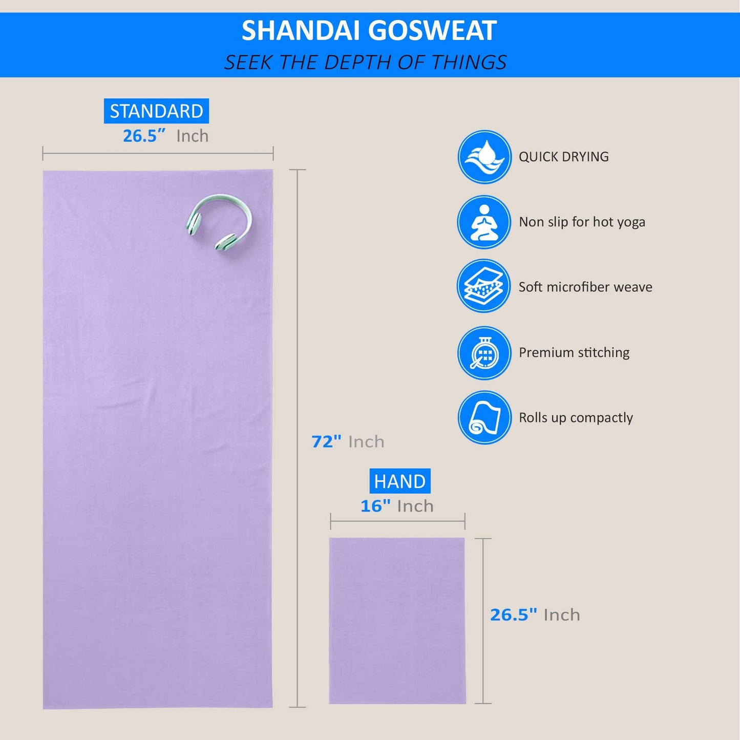 Shandali Gosweat Hot Yoga Towel, Color Violet, Size 26.5 x 72