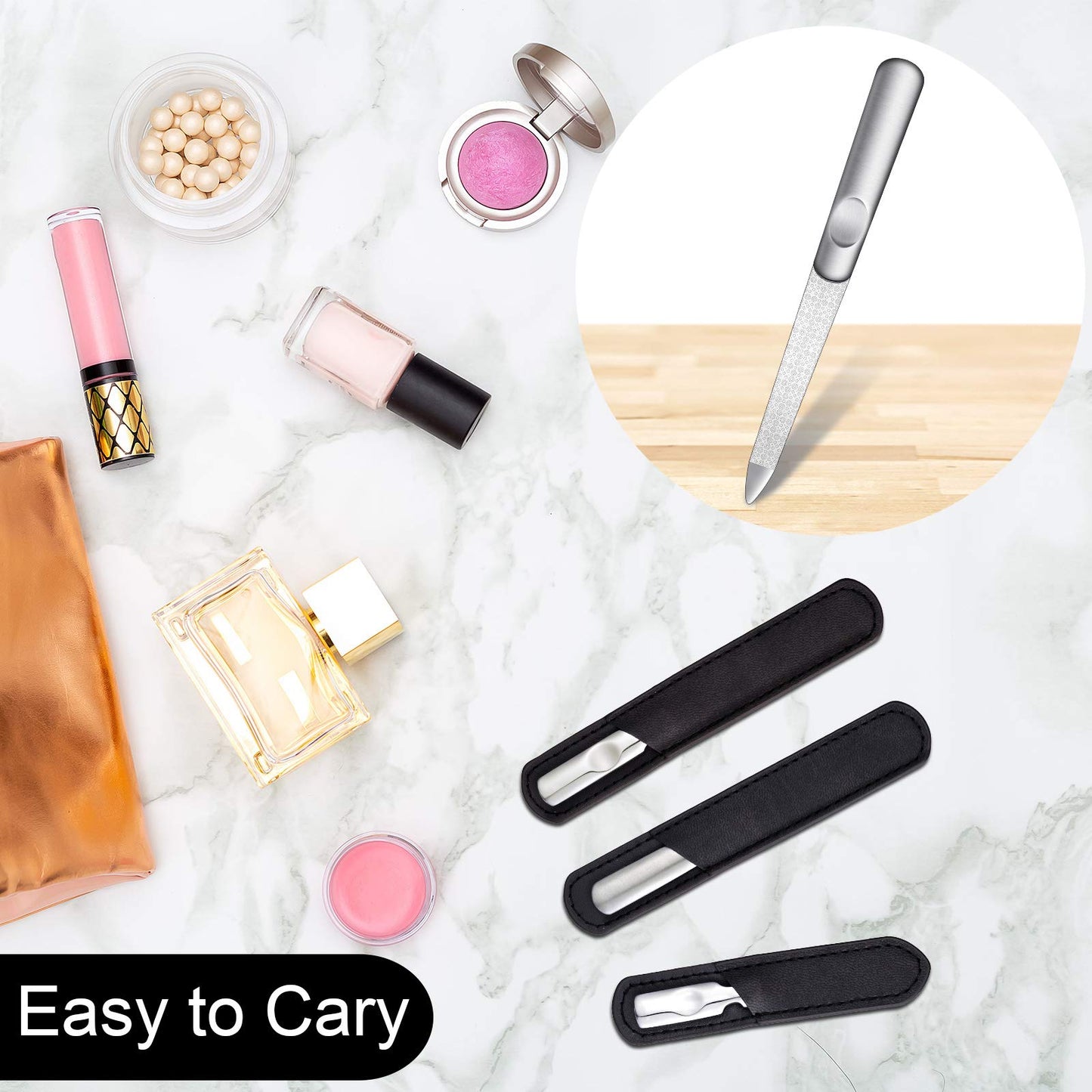 3 Pcs Stainless Steel Nail Files Kit with Leather Case, Double Sided Metal Nail Files with Anti-Slip Handle for Women and Men, M