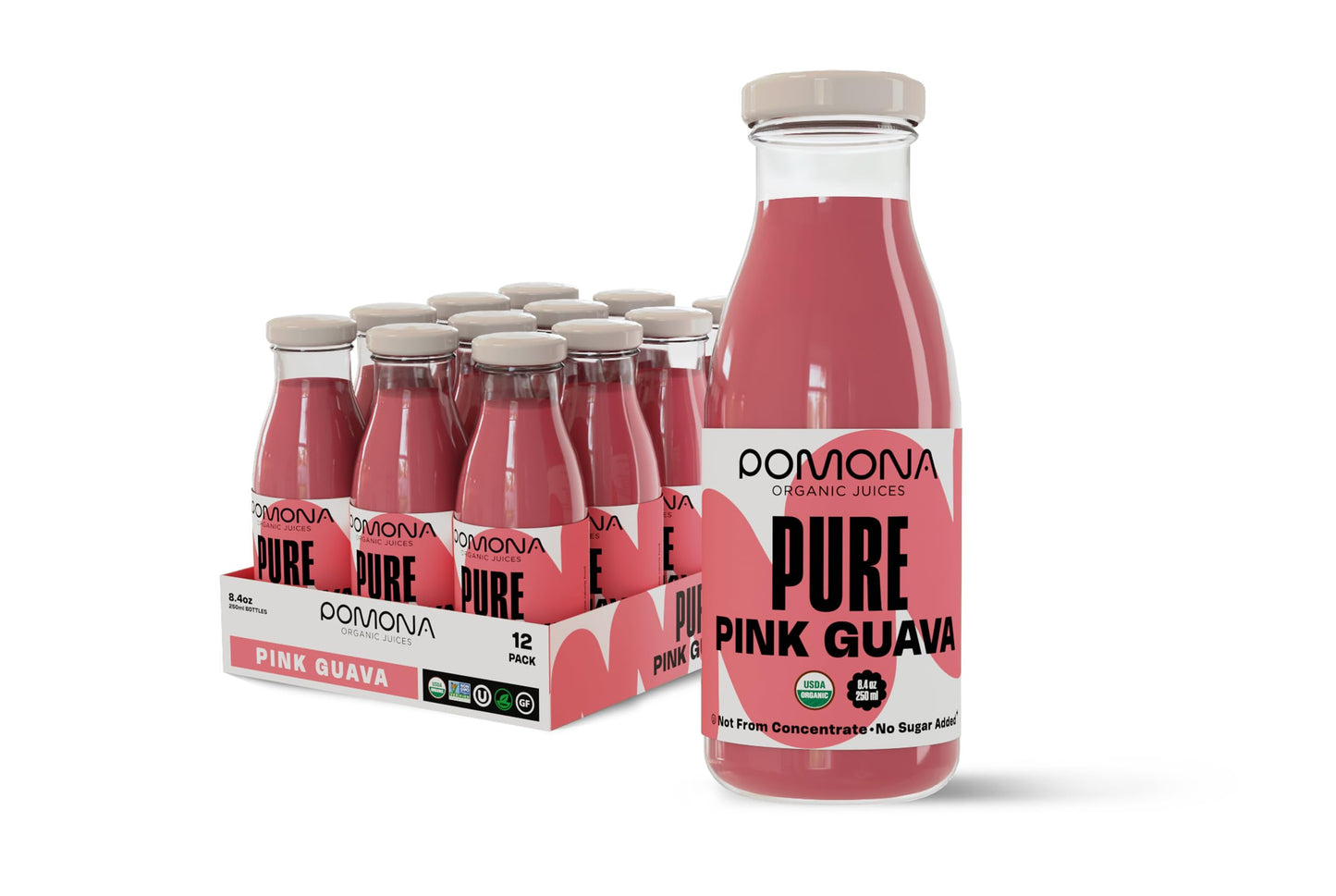 Pomona Organic Juices Pure Pink Guava Juice 8.4 Ounce Bottle (Pack of 12) Cold Pressed Organic Juice Non-GMO No Sugar Added Not from Concentrate Gluten Free Kosher Certified Preservative Free