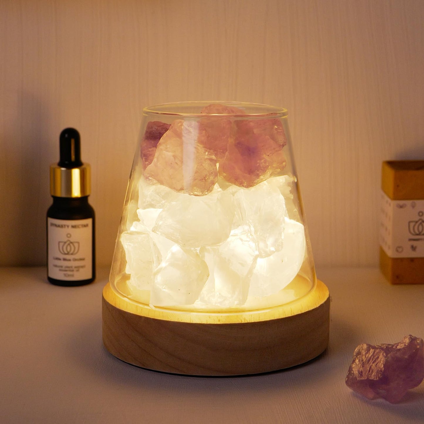 Runyangshi Amethyst Clear Quartz Night Lamp Natural Healing Crystal Aroma Stone Diffuser with Remote Control Bedside Lamp USB Po