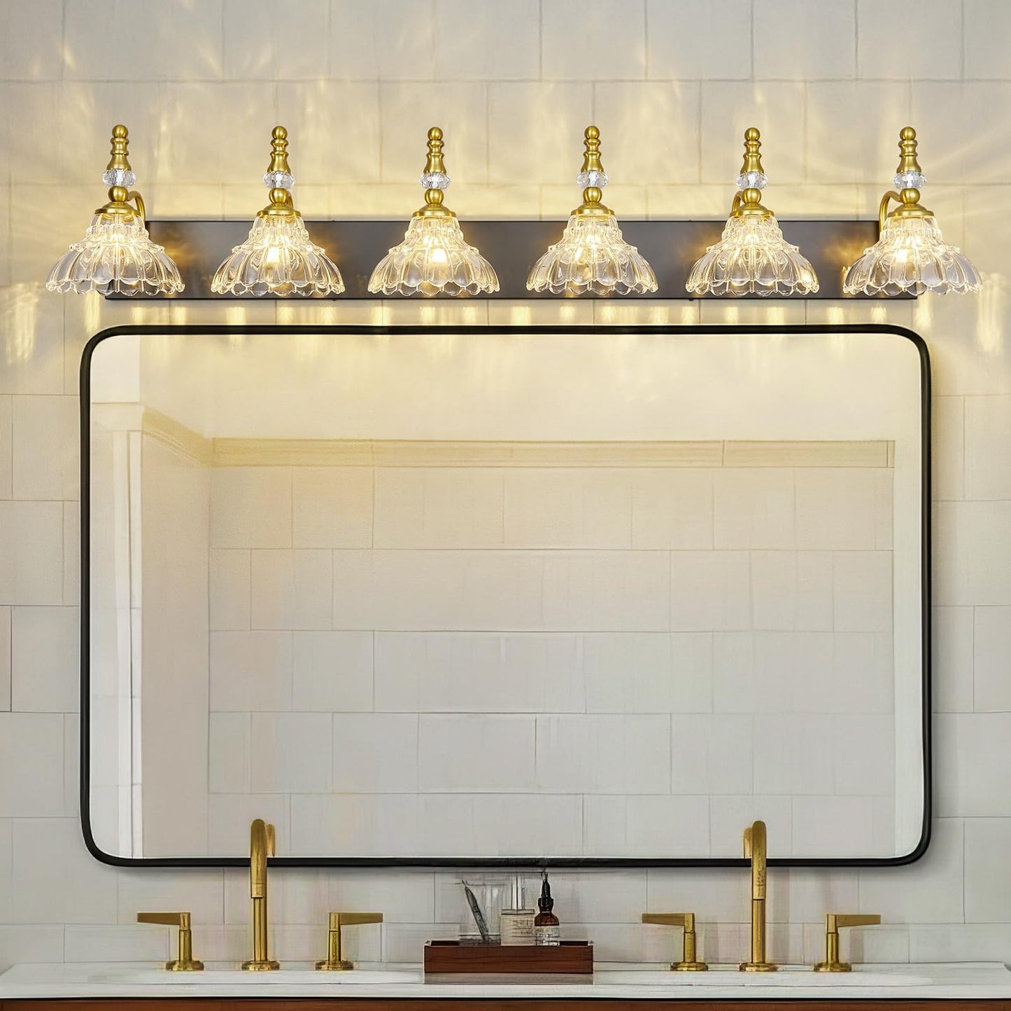 Lbsqj Vintage Bathroom Vanity Light 6-Light Black Gold Vanity Lighting Fixture With Flower Glass Shade Bathroom Lighting Fixtures Over Mirror