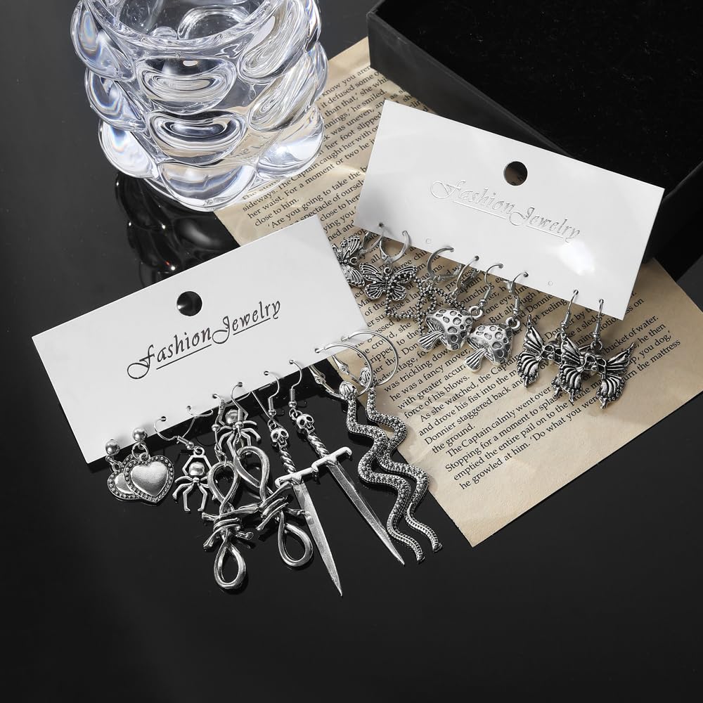 Halloween Gothic Earrings Set, Metal Punk Goth Vintage Silver Snake Spider Butterfly Dagger Dangle Drop Earrings for Women, Grunge Y2K Emo Jewelry Pack Party Costume Accessories (Style1)