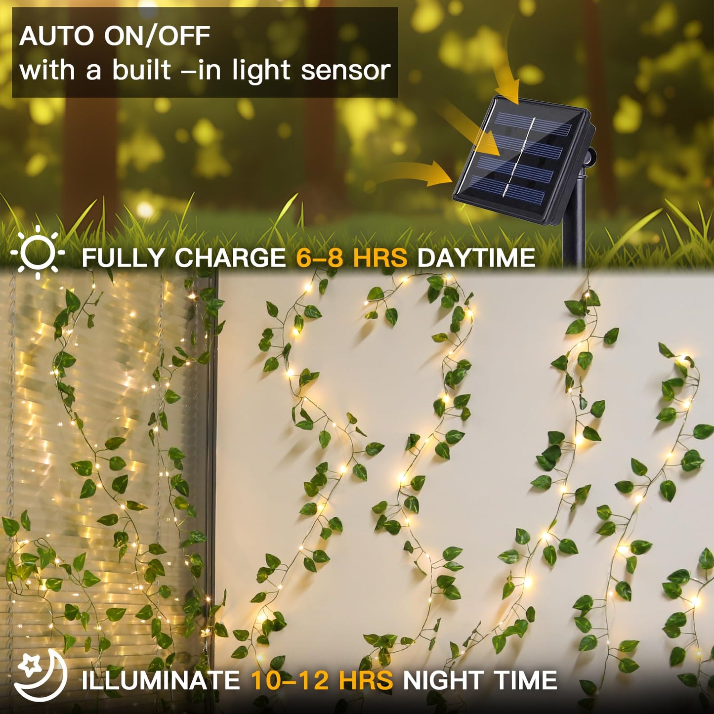 suddus Solar Fairy Lights, 100 LED Pothos Leaf String Lights, 33ft, 8 Modes, Waterproof for Outdoor Use, Warm White