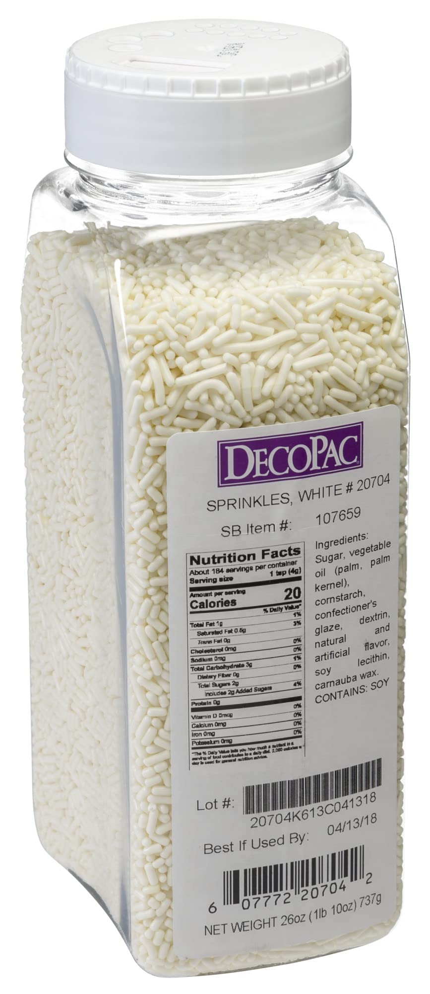 DecoPac White Sprinkles | Extra Large 26oz Pack | Cake Sprinkle Mix, Fancy Sprinkles For Cake Decorating, Handheld Container, Ca