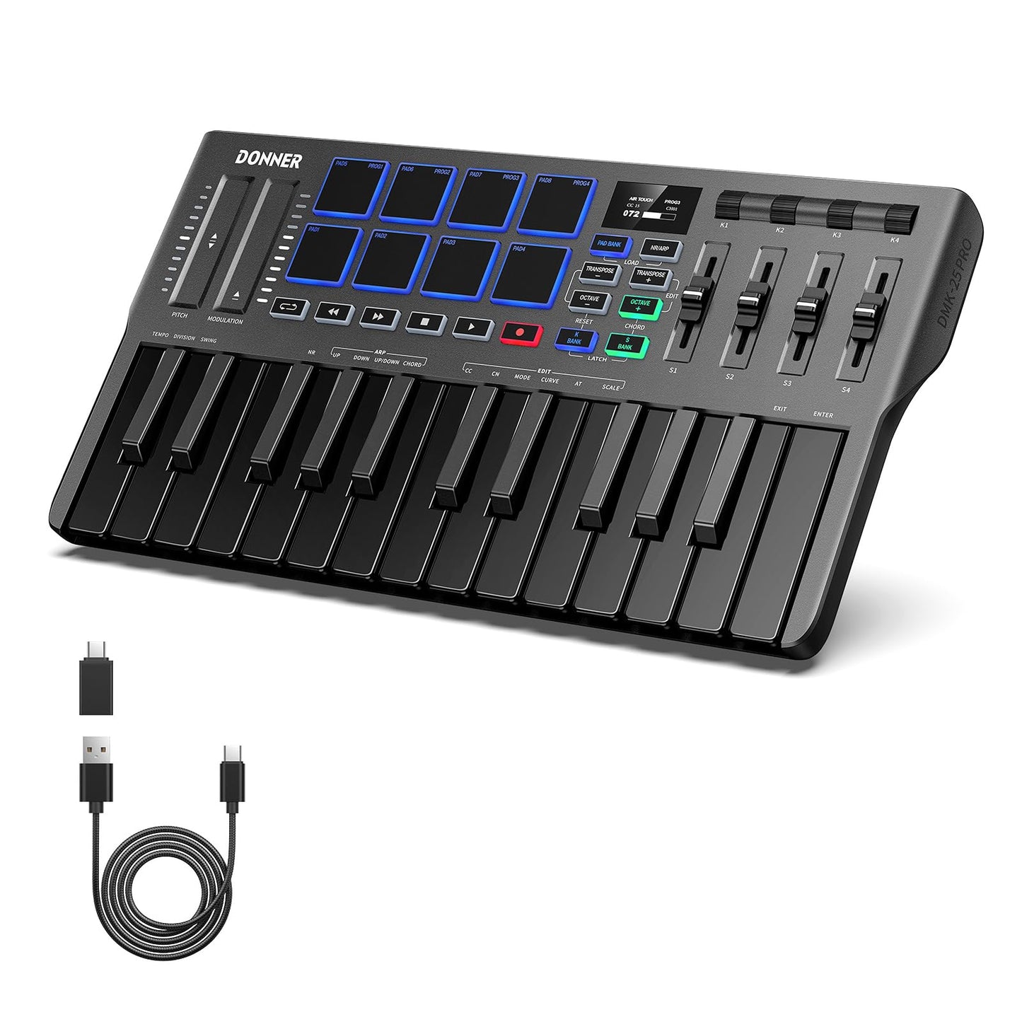 Donner USB-C MIDI Keyboard Controller, 25 Key Portable Mini MIDI Keyboard with 8 Drum Pads, OLED Display, 16 Smart Scales, Arpeg