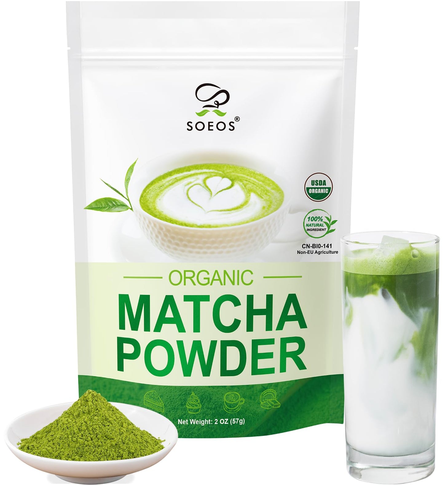 Soeos Organic Matcha Powder Matcha Green Tea Powder 2 oz (57g) Antioxidant-Rich Japanese Matcha for Lattes Smoothies and Baking Recyclable Bags
