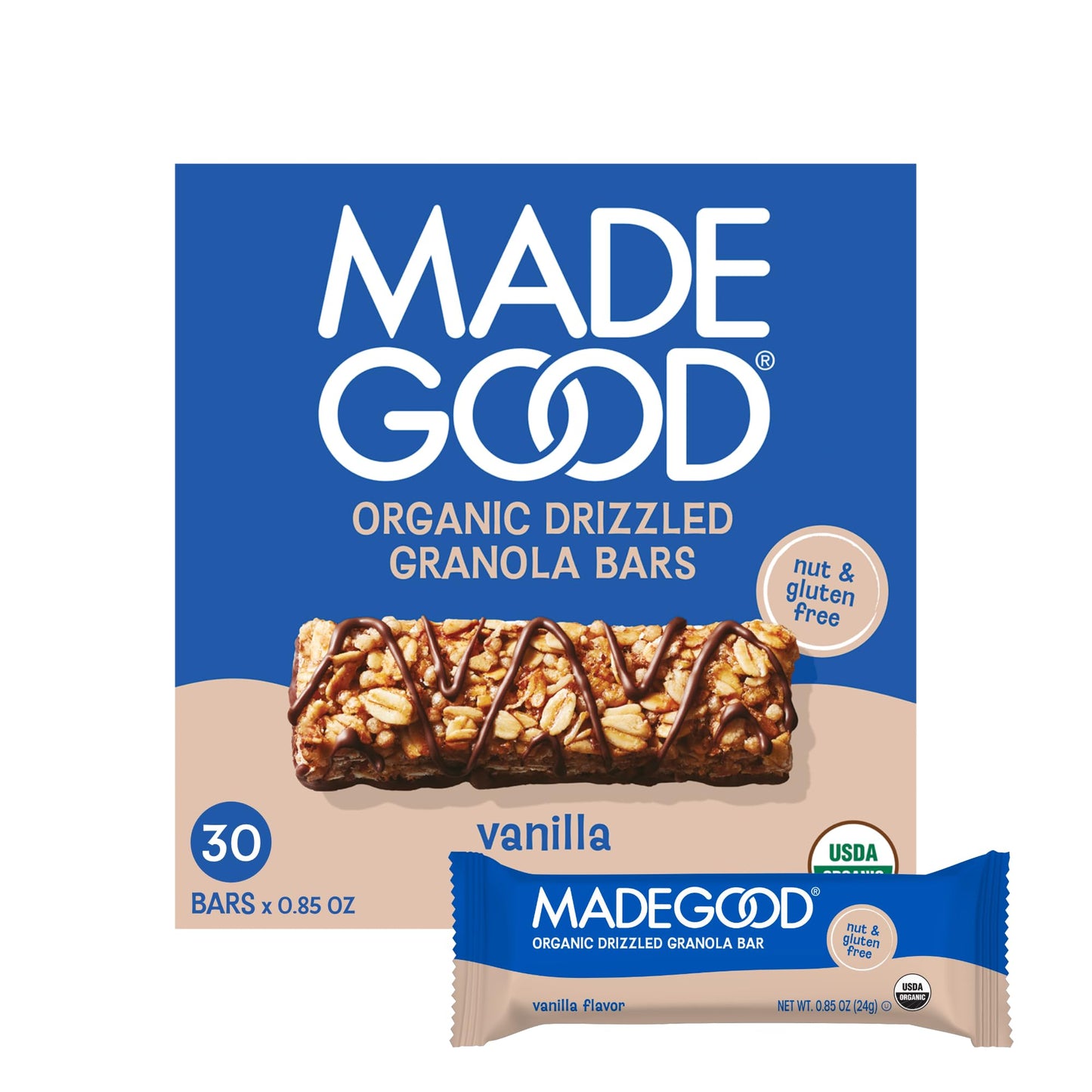 MadeGood Chocolate Drizzled Granola Bars, Vanilla (30 Count) Bulk Gluten Free Snacks