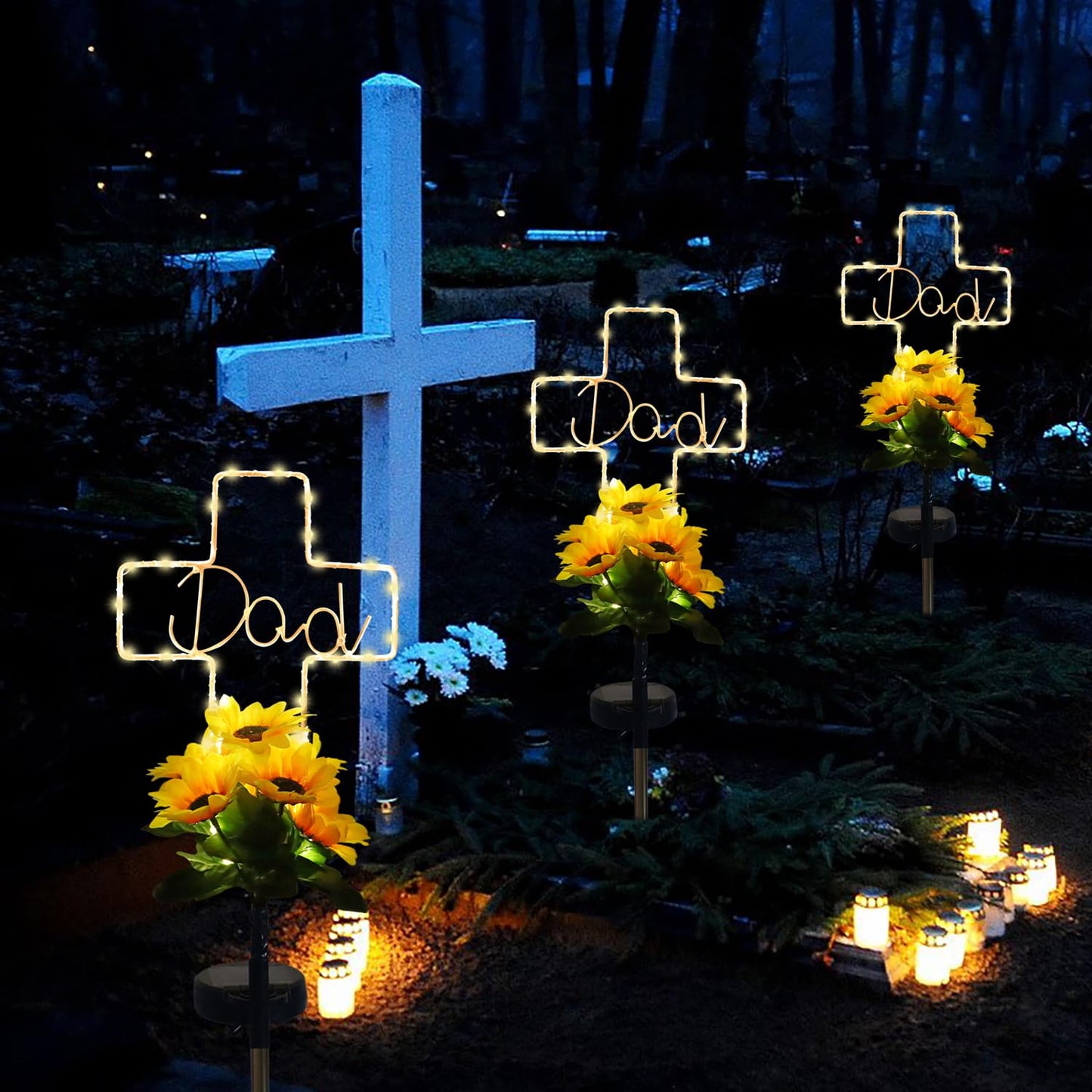 Lmtocs Solar Cross Grave Lights - Waterproof Sunflower Design For Cemetery, 2 Modes, Memorial Decor For Dad