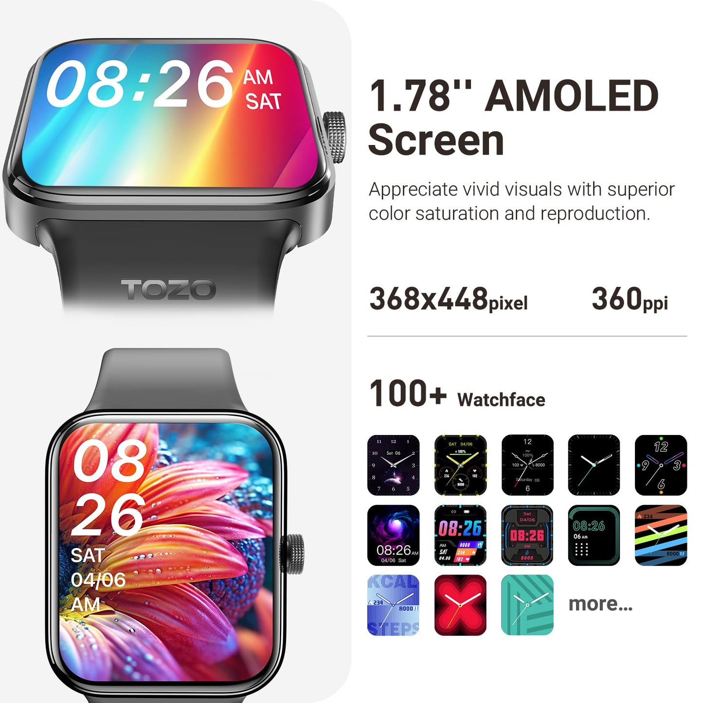 TOZO AMOLED S4 AcuFit One Smart Watch 1.78" Ultra-Clear Screen for Men Women, Call/Answer Fitness Tracker, Sleep Monitor IP68 Waterproof for iOS 11.0+ Android 9.0+ Black