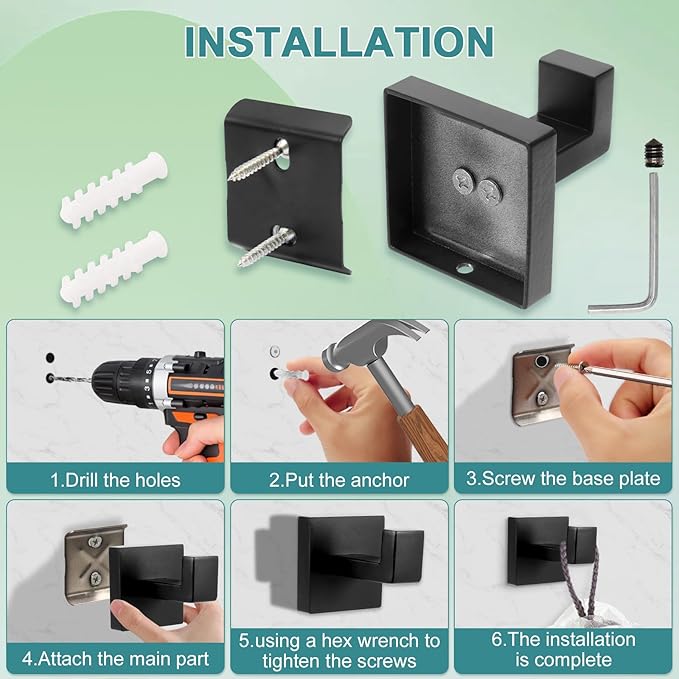 4 Pack Black Towel Hook, Matte Black Stainless Steel Wall Hooks for Bathrooms, Heavy Duty, Square, Robe Hooks, for Bathroom, Kitchen, Bedroom