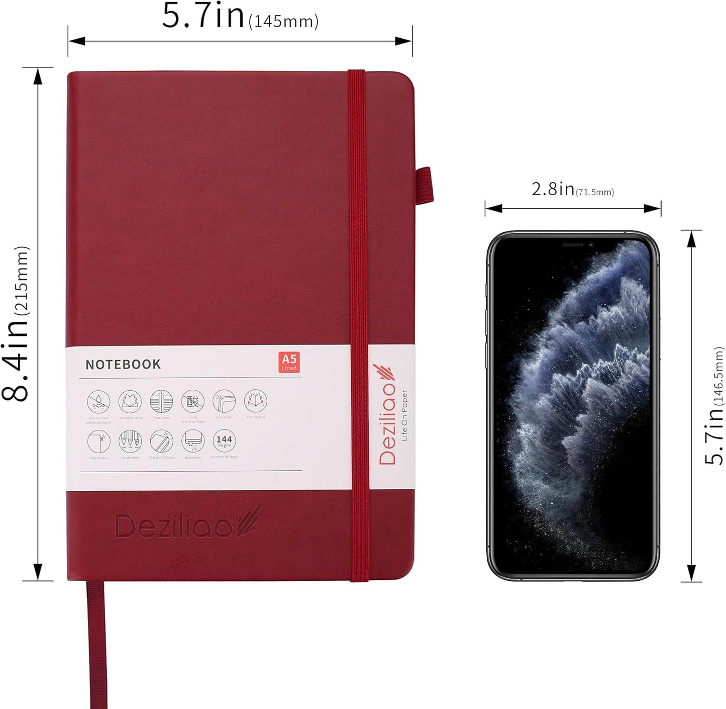 Deziliao Lined Journal Notebooks with Pen Loop, Hardcover Notebook Journal for Work, 100Gsm Premium Thick Paper with Inner Pocket, Medium 5.7"x8.4", (Red, Ruled)
