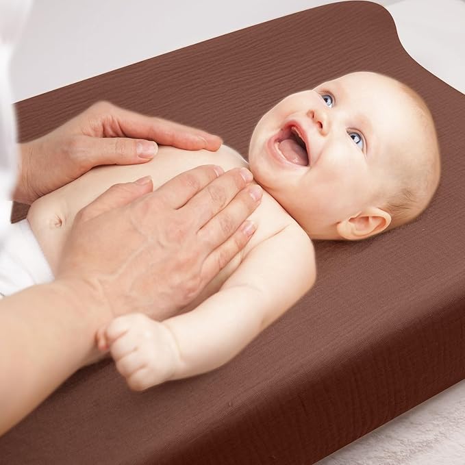 3 Pack Muslin Changing Pad Cover, Solid Changing Table Pad Cover, Soft Breathable Double Layer Boho Changing Pad Sheets Fit for Standard Changing Pad 16" x 32" (Cedar & Peach & Beige)