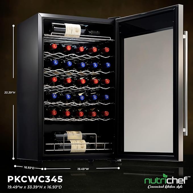 Nutrichef 34 Bottle Wine Fridge - Single Zone Beverage Refrigerator with Adjustable Temperature 41°F - 64°F, Ultra Quiet Operation Wine Cooler for Home, Office & Kitchen, Stainless Steel