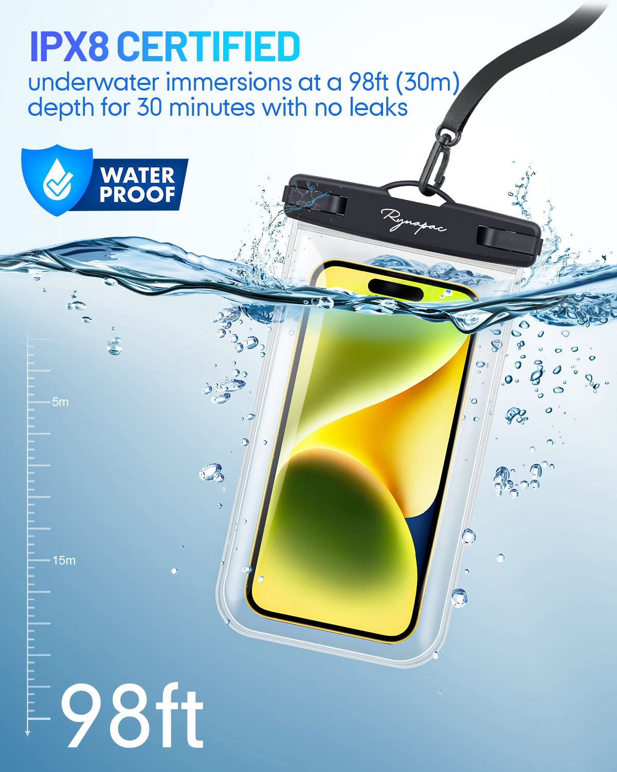 Rynapac Waterproof Phone Pouch Bag - 7.5In Waterproof Phone Case For Beach Travel Must Haves, Ipx8 Underwater Holder With Lanyar